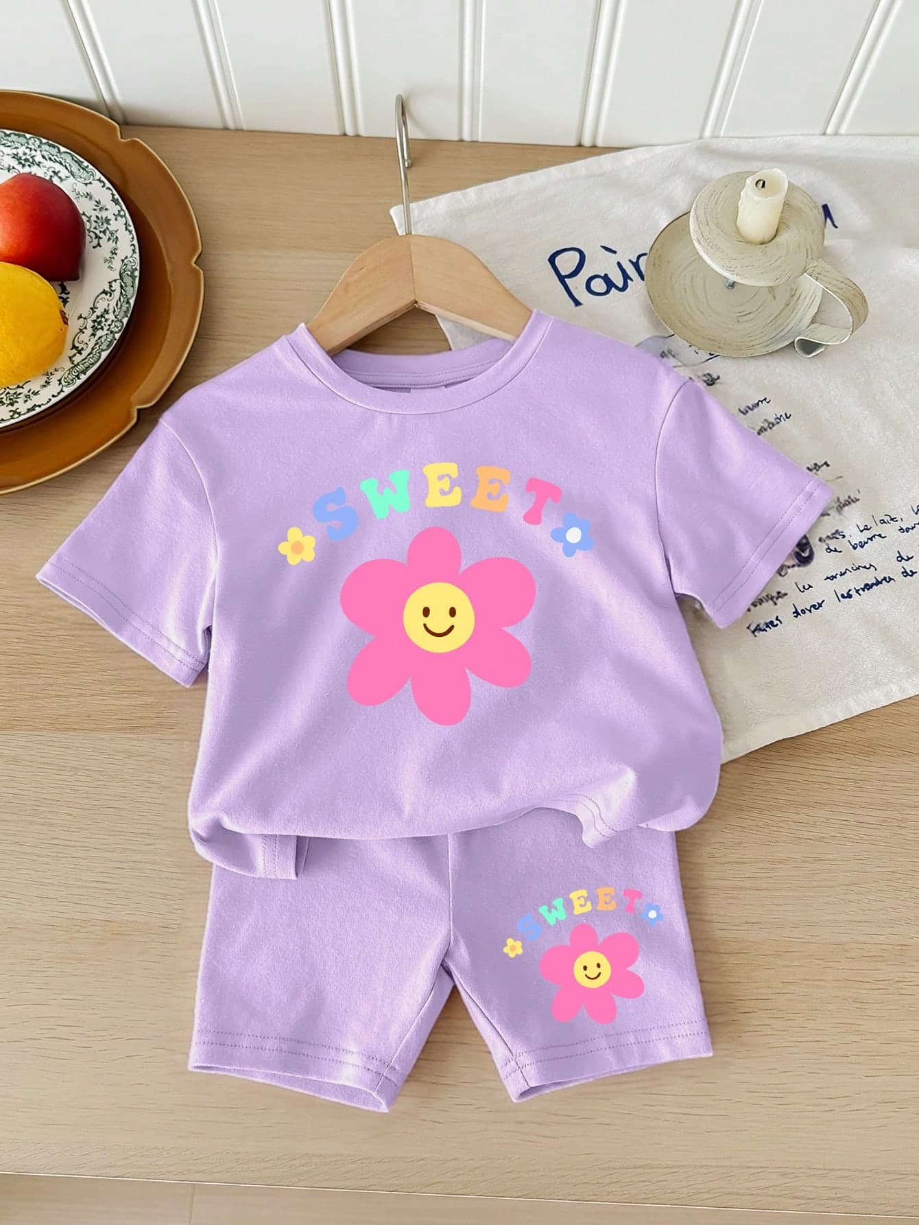 SHEIN LMoss Kids Baby Girl Casual Simple Flower Pattern Short Sleeve Top And Shorts Set, Suitable For Summer Purple Baby Girls Setsbaby Summer Set