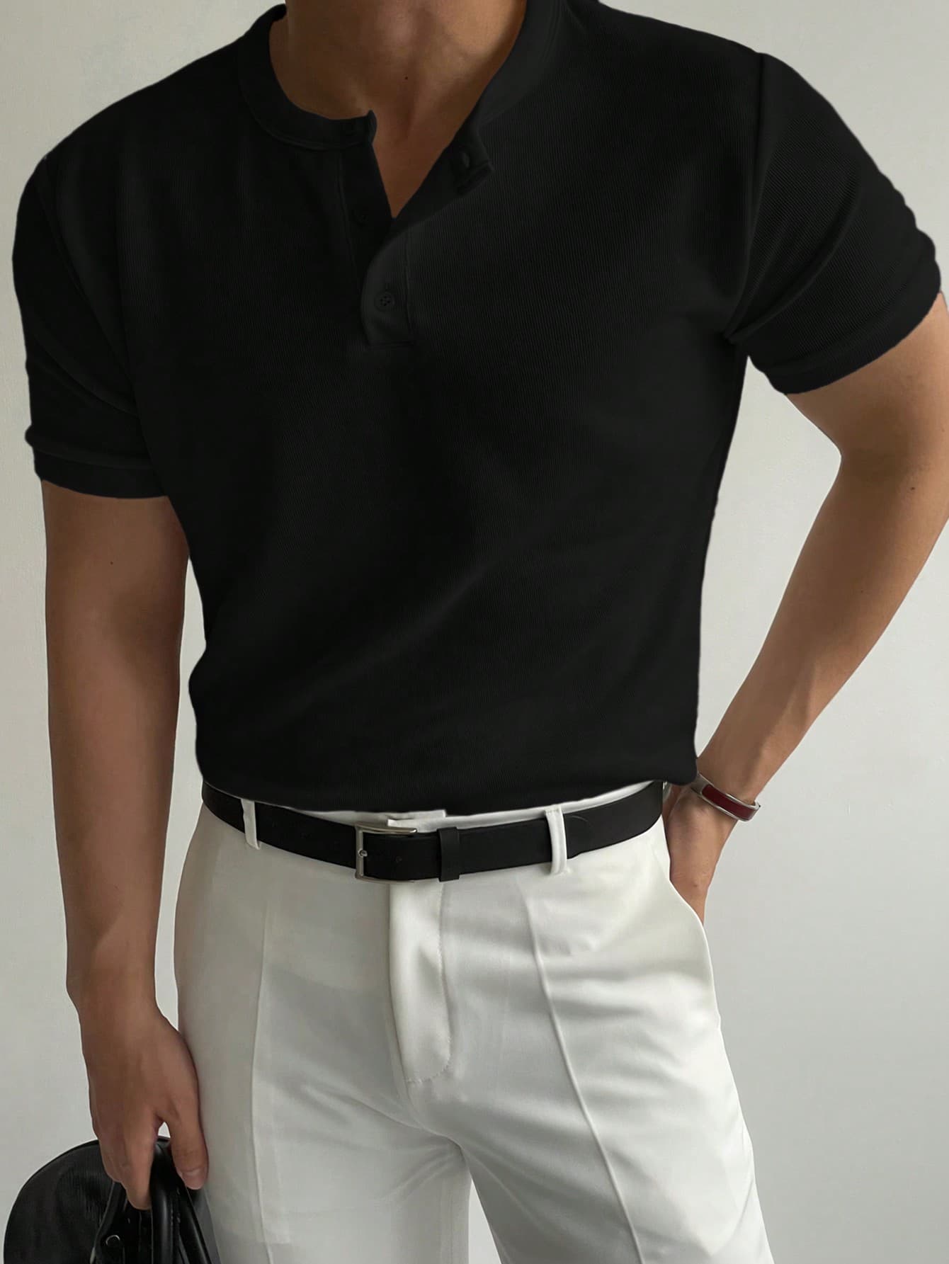 DAZY Men's Summer Solid Color Button Half Placket Short Sleeve Casual T-Shirt