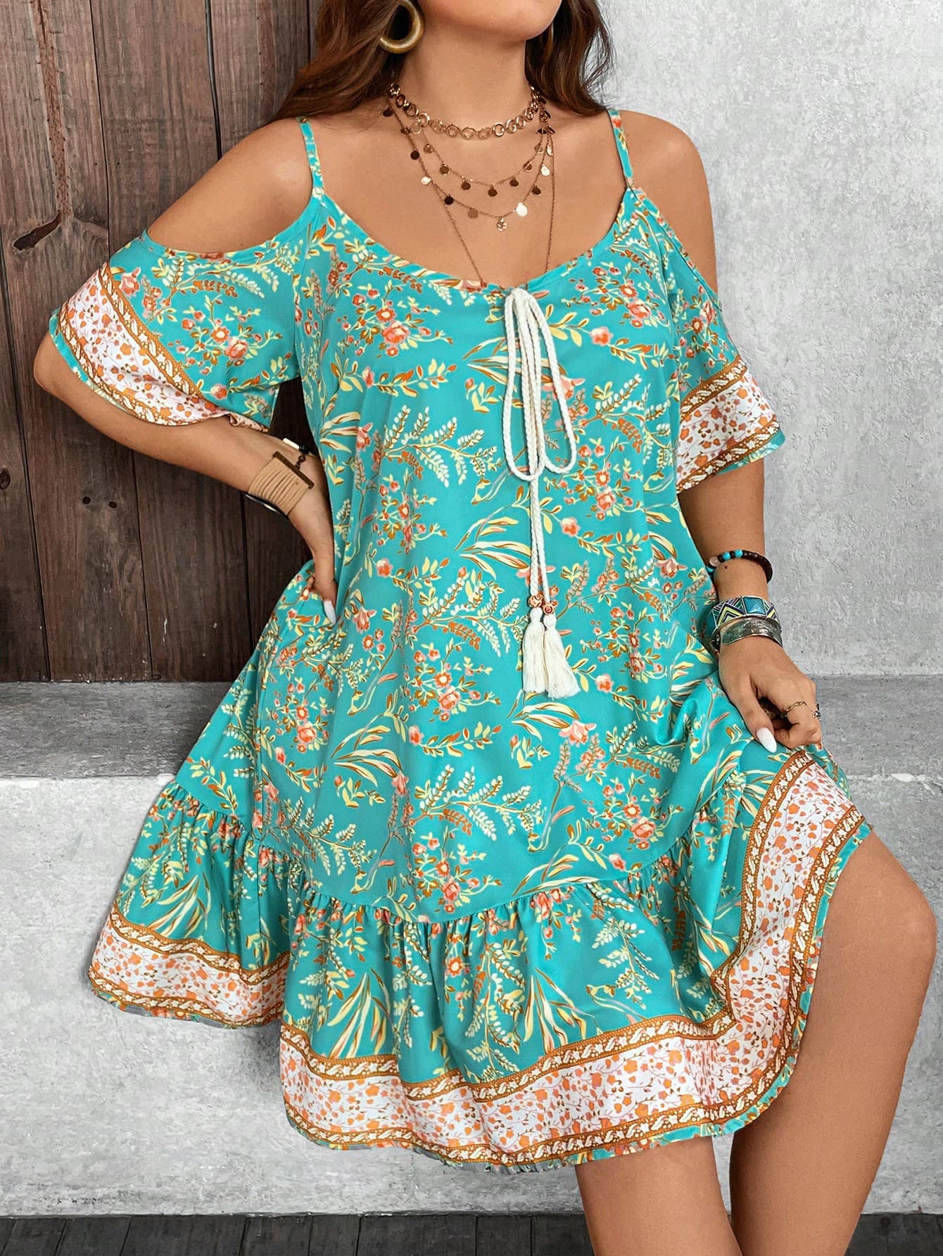 Breezaya Plus Size Women's Vacation Loose Off Shoulder Dress With Plant Print, Tassel Tie For Summer