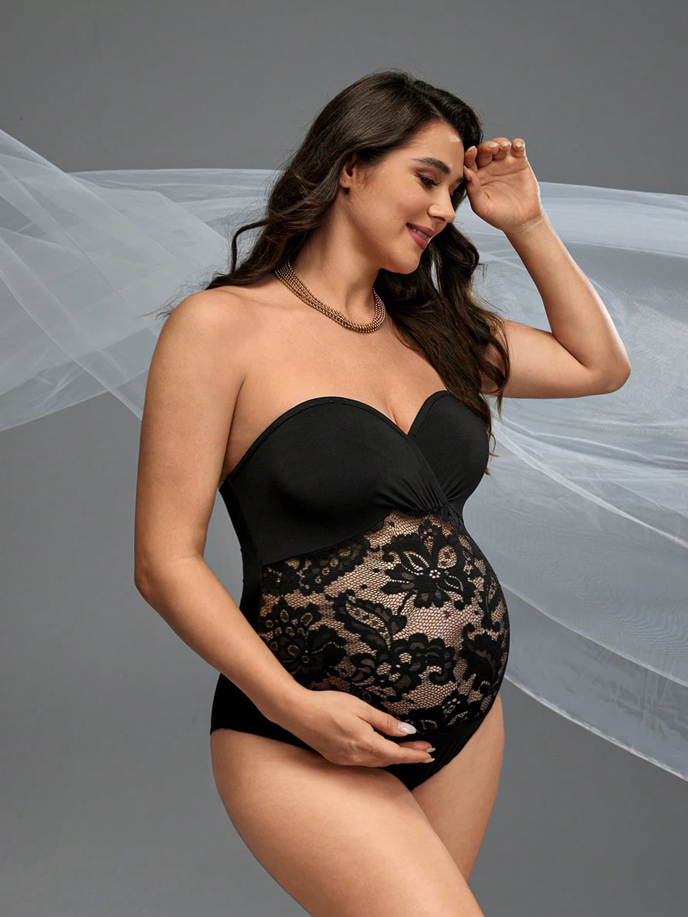 Cheriluna Maternity Summer Maternity Lace Patchwork Strapless Photoshoots Bodysuit, Sexy