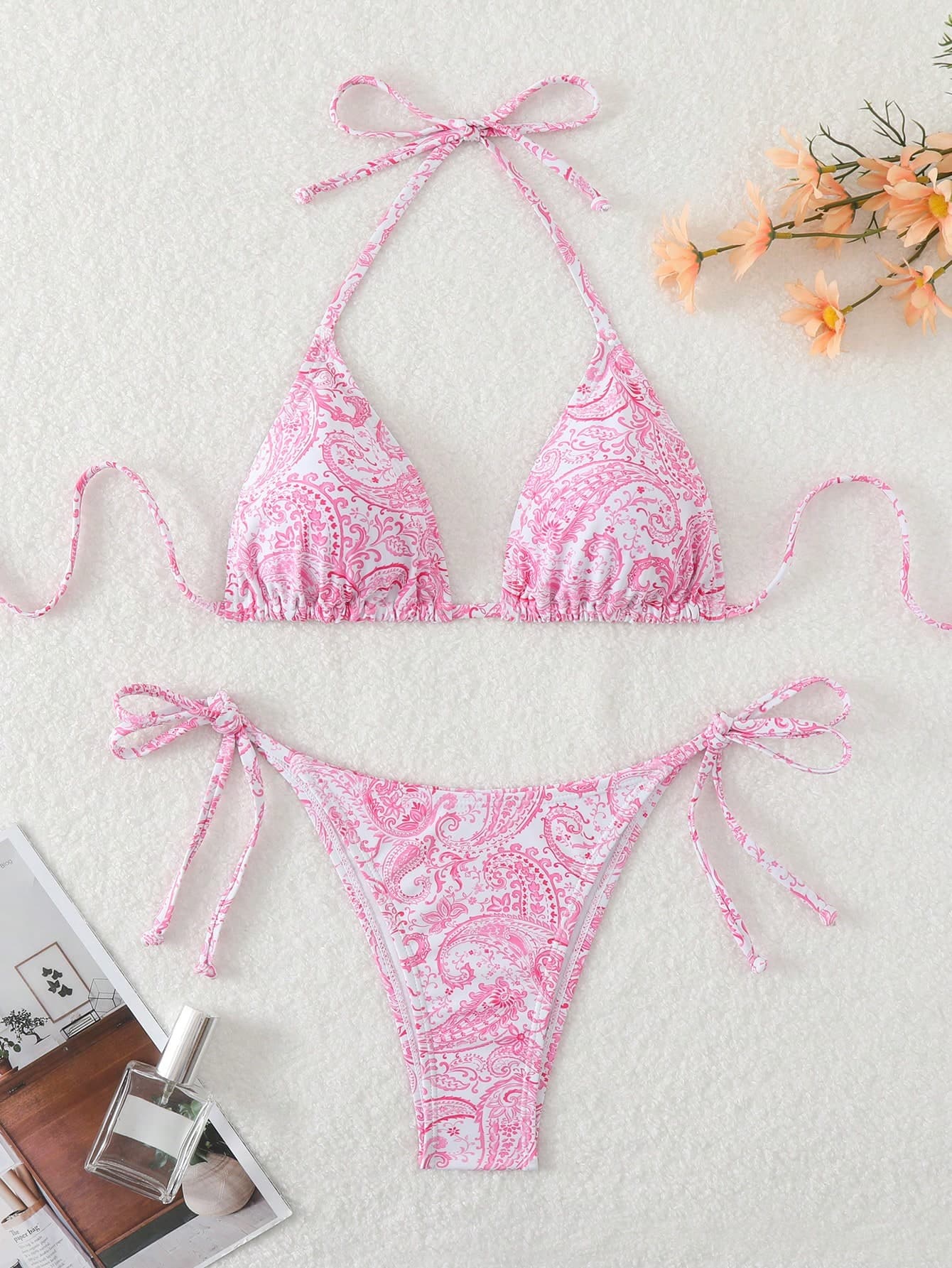 Swim Mod Ladies Summer Beach Paisley Printed Pink Halter Neck Tie Sexy Bikini Set, Random Print