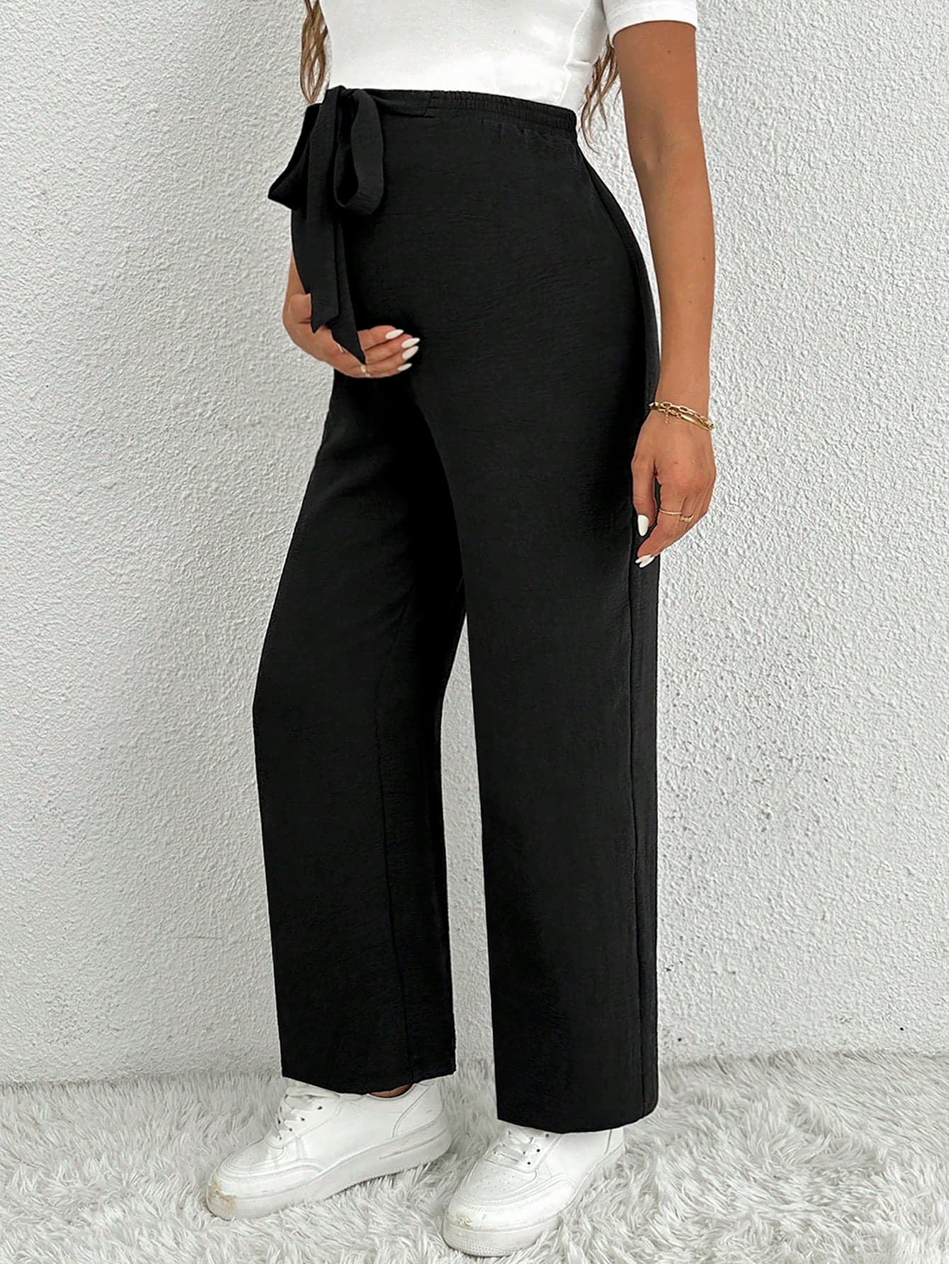 SHEIN Maternity Casual Solid Color Loose Straight Wide Leg Pants With Knot Detail At Waist World Cup Fall