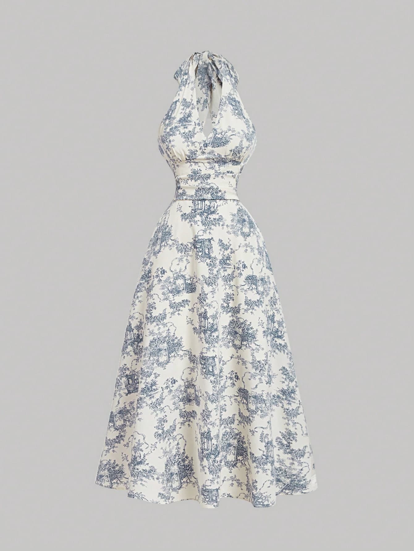 SHEIN MOD Women's White And Blue Porcelain Printed Halter Dress,Vintage Summer Long Floral Milkmaid Dress,Holiday Picnic Brunch Tea Party Wedding Guest Wear