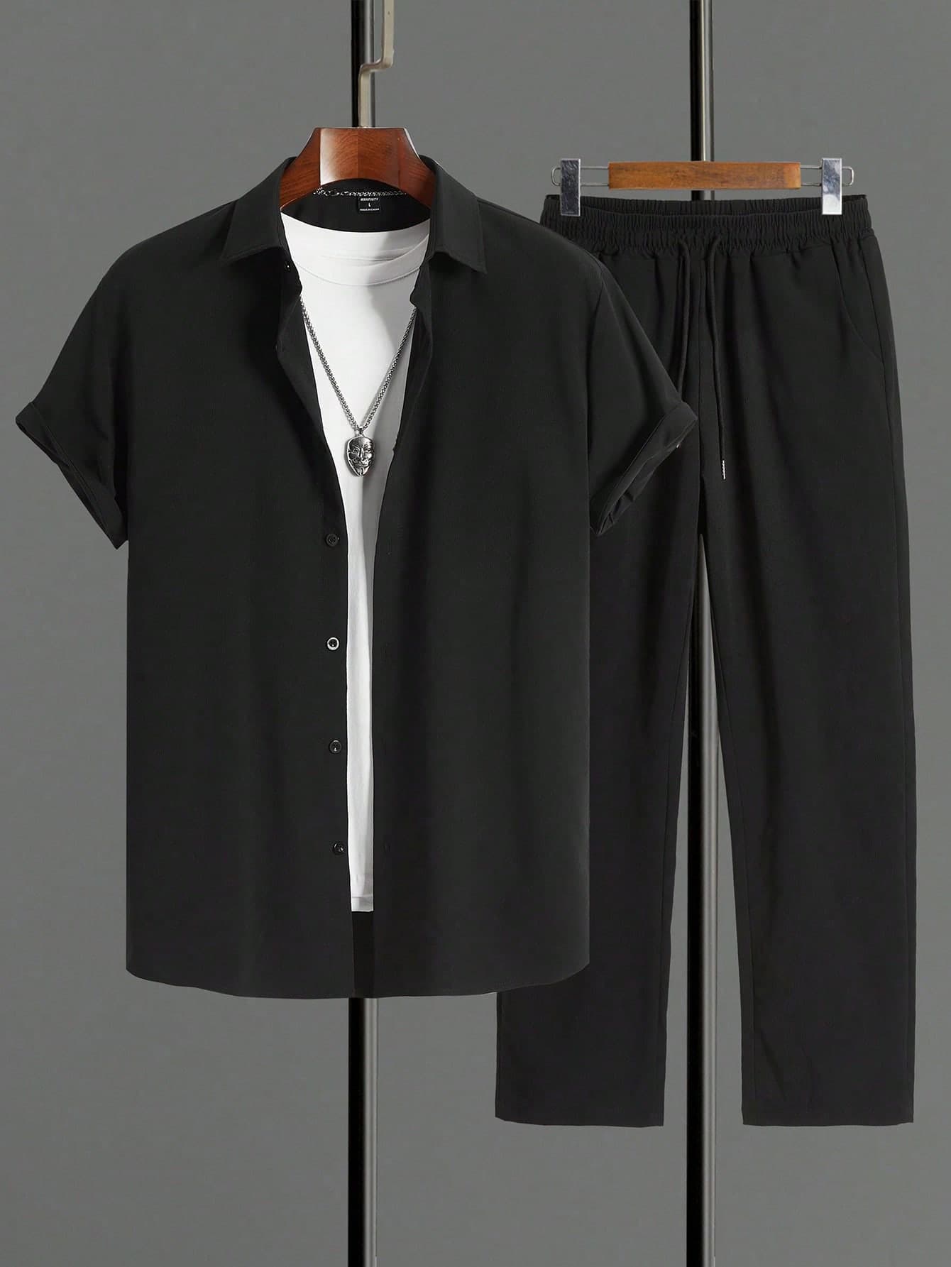 Manfinity Homme Men's Casual Solid Color Short Sleeve Shirt And Long Pants Two-Piece Set, Spring/Summer, Cozy Outfits, Formal