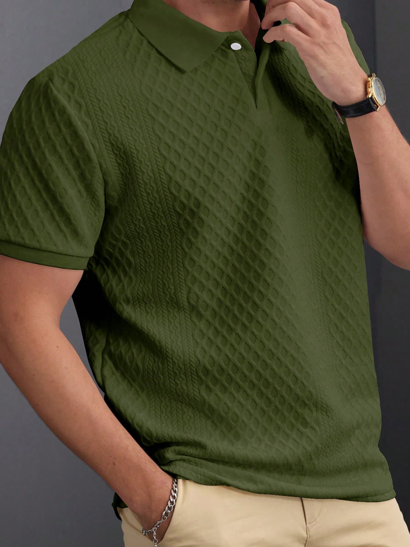 Manfinity Homme Men's Olive Green Summer Casual Work Short-Sleeve Polo Shirt,Geometric Texture Jacquard Knit,Buttoned Placket,French Style For Vacation&Daily Wear, Formal