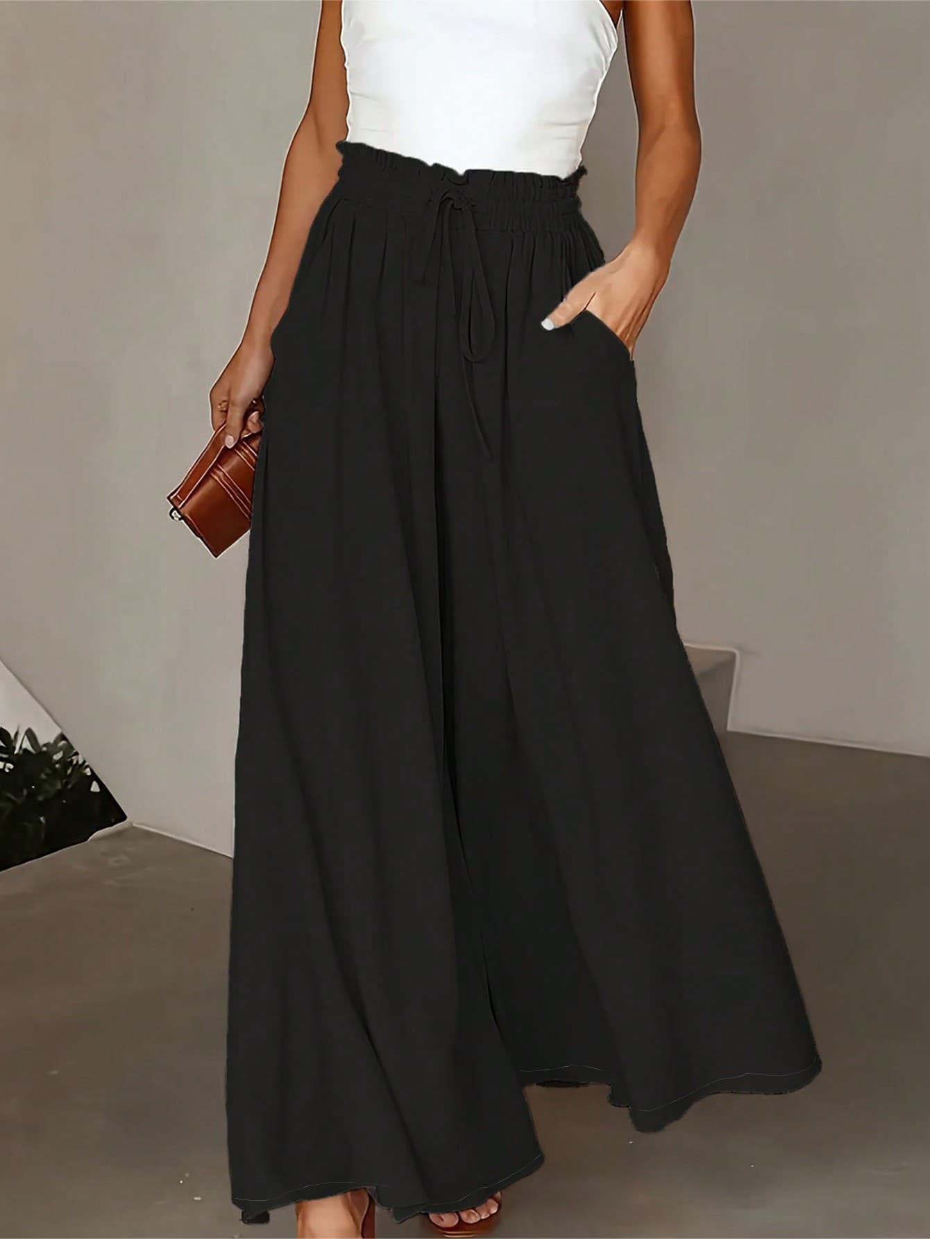 Women's Casual Solid Color Wide Leg Pocket Pants Black Spring
