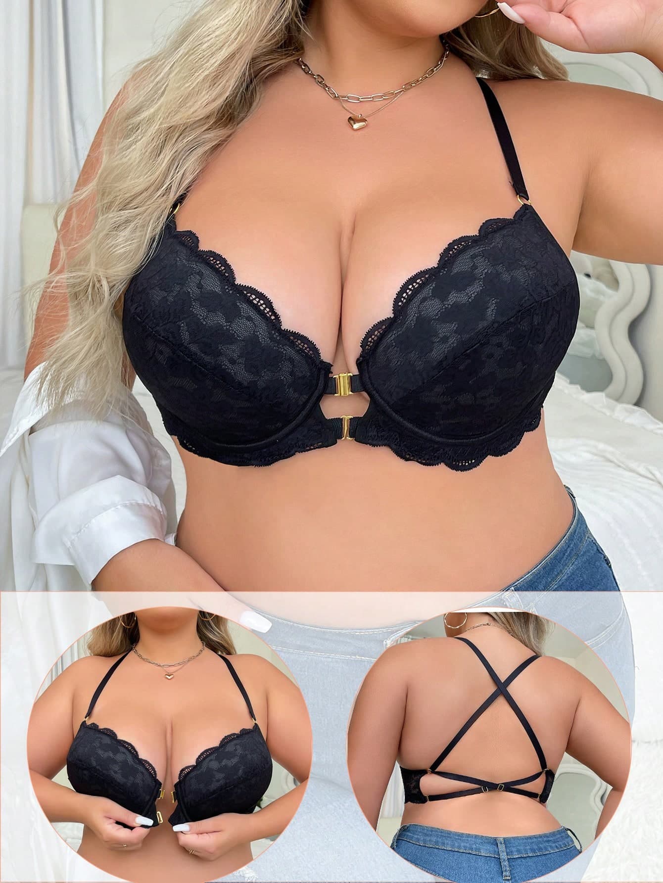 Fashionable Plus Size Women's Lace Underwear Backless Bra, Lingerie
