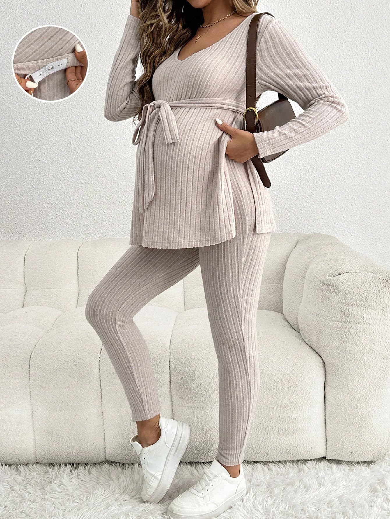 SHEIN Maternity Ribbed Knit Ribbed V-Neck Long Sleeve Shirt And Pants Set, Daily Casual Fall