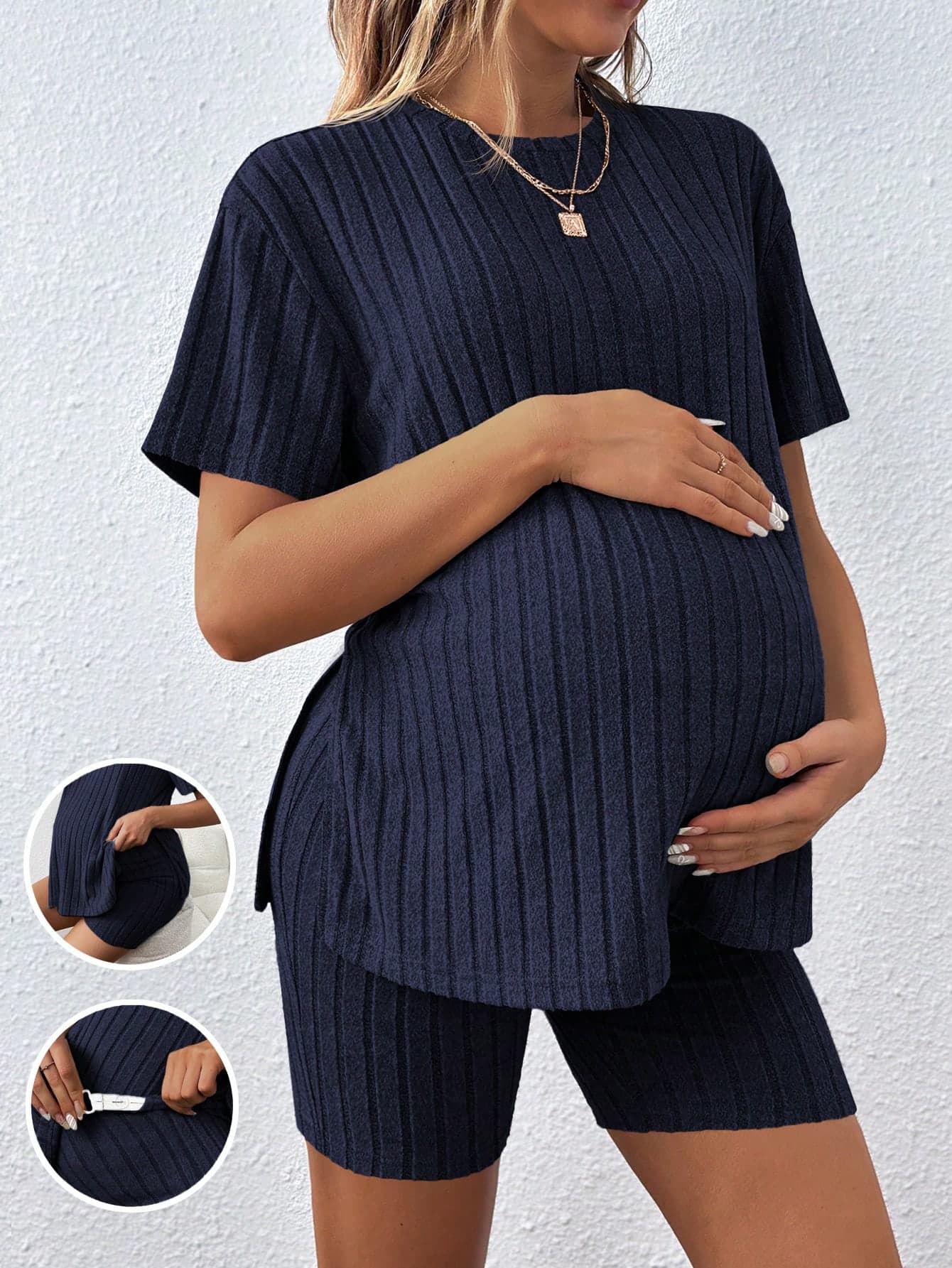 SHEIN Maternity Women's Loose Round Neck T-Shirt With Adjustable Elastic Waistband Shorts, Maternity Two-Piece Set, Pregnancy Clothes World Cup