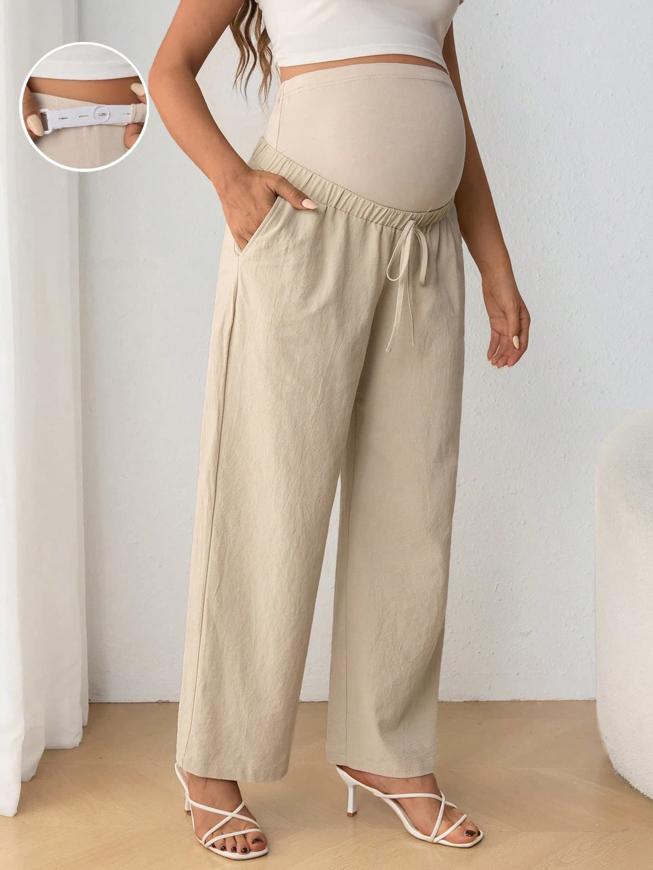 SHEIN Maternity Casual Adjustable Drawstring Waist Bow Decor Belly Support Straight Leg High Waist Pregnancy Pants Fall