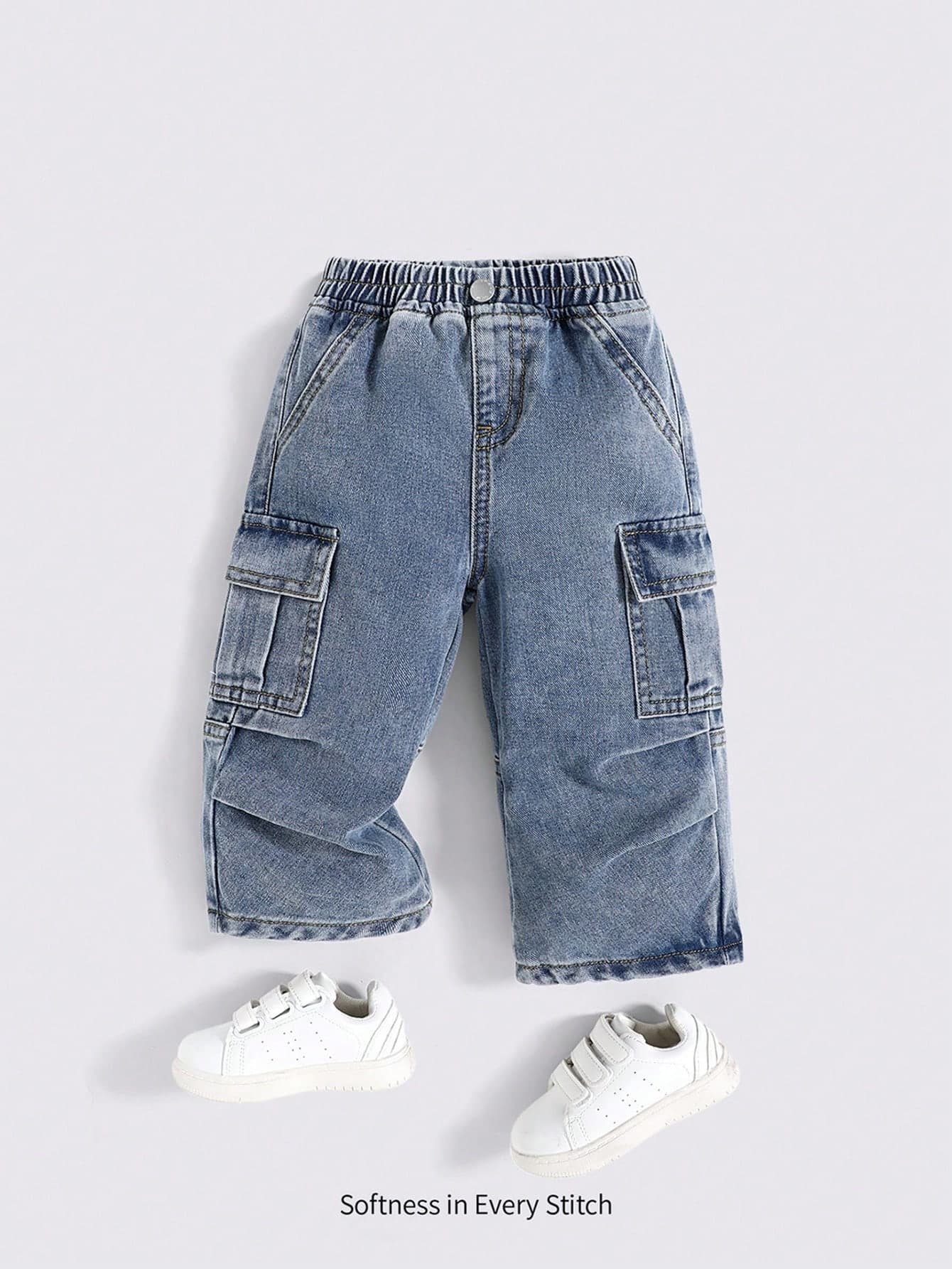 Cozy Pixies Baby Boy Stonewashed Casual Elastic Waistband Soft Work Baggy Denim Pants With Side Pockets,Leisure And Versatile Outdoor Wear