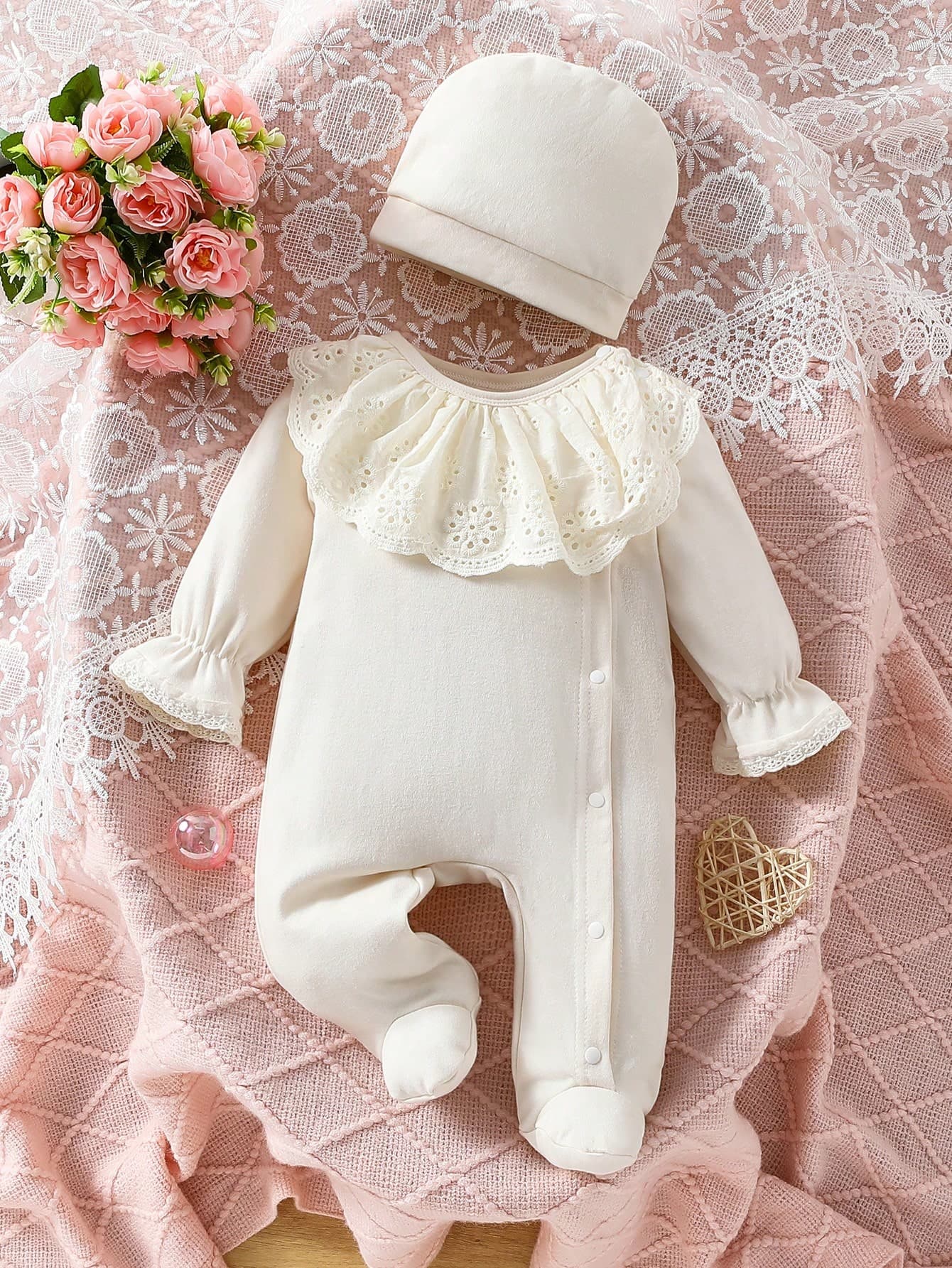 SHEIN Baby Girls' Light Apricot Color Long Sleeve Romper With Lace Hat, Casual Home Wear,Summer Travel