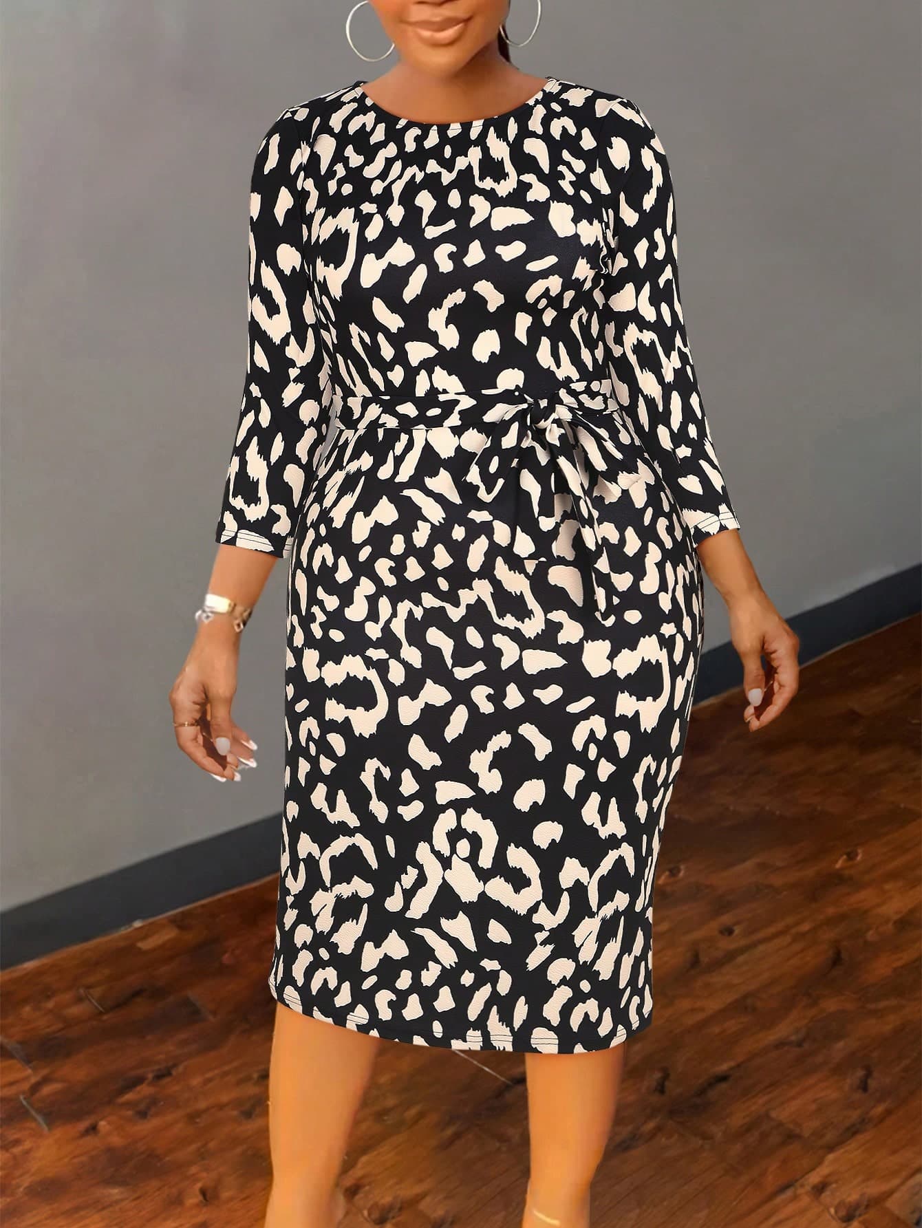 Plus Size Women Casual Random Leopard Print Bodycon Dress For Autumn Elegant Spring