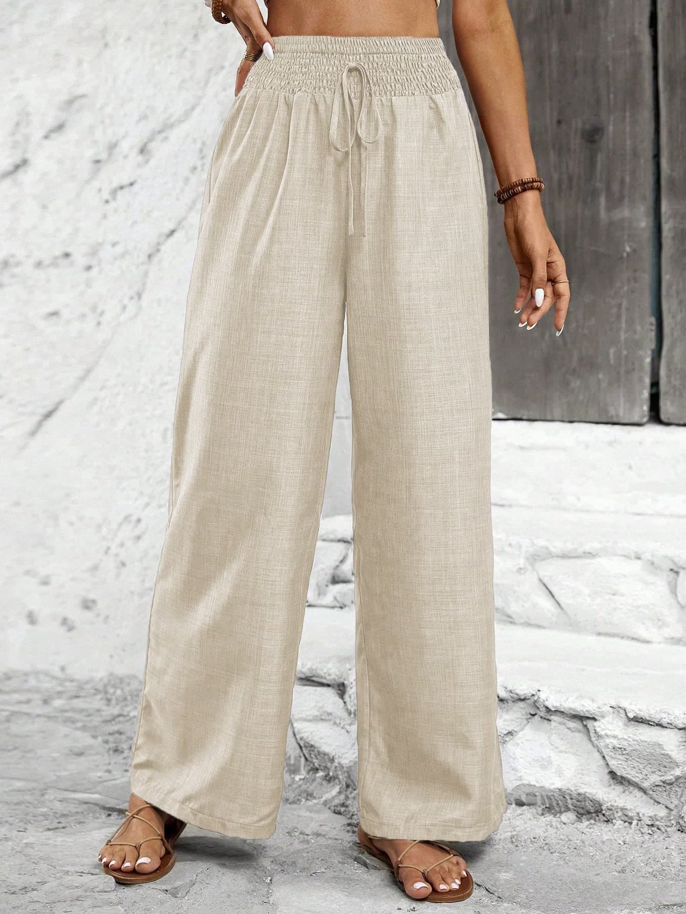 Calvaya Women's Solid Color Wide-Leg Loose Pants With Shirred Belt For Holiday Fall Cloth For Women