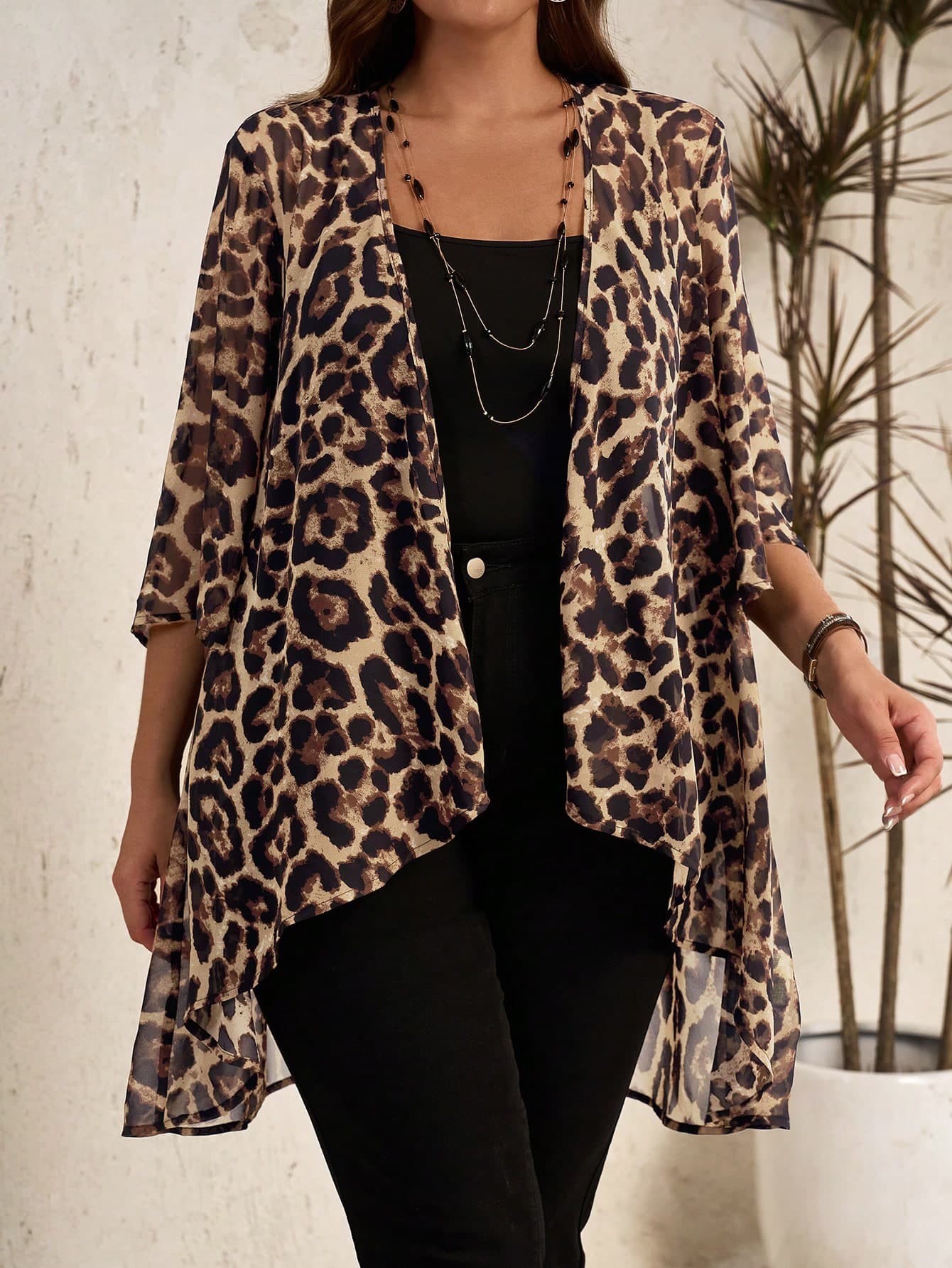 EMERY ROSE Plus Size Leopard Print Fashion Daily Jacket ,Spring Fall
