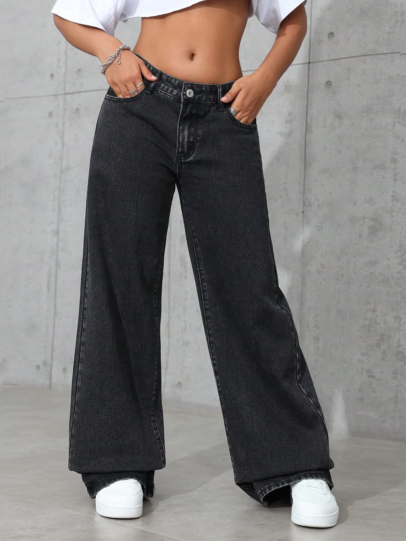 SHEIN ICON Women's Straight-Leg Loose-Fit Casual Black Jeans With Pockets, Versatile Y2k