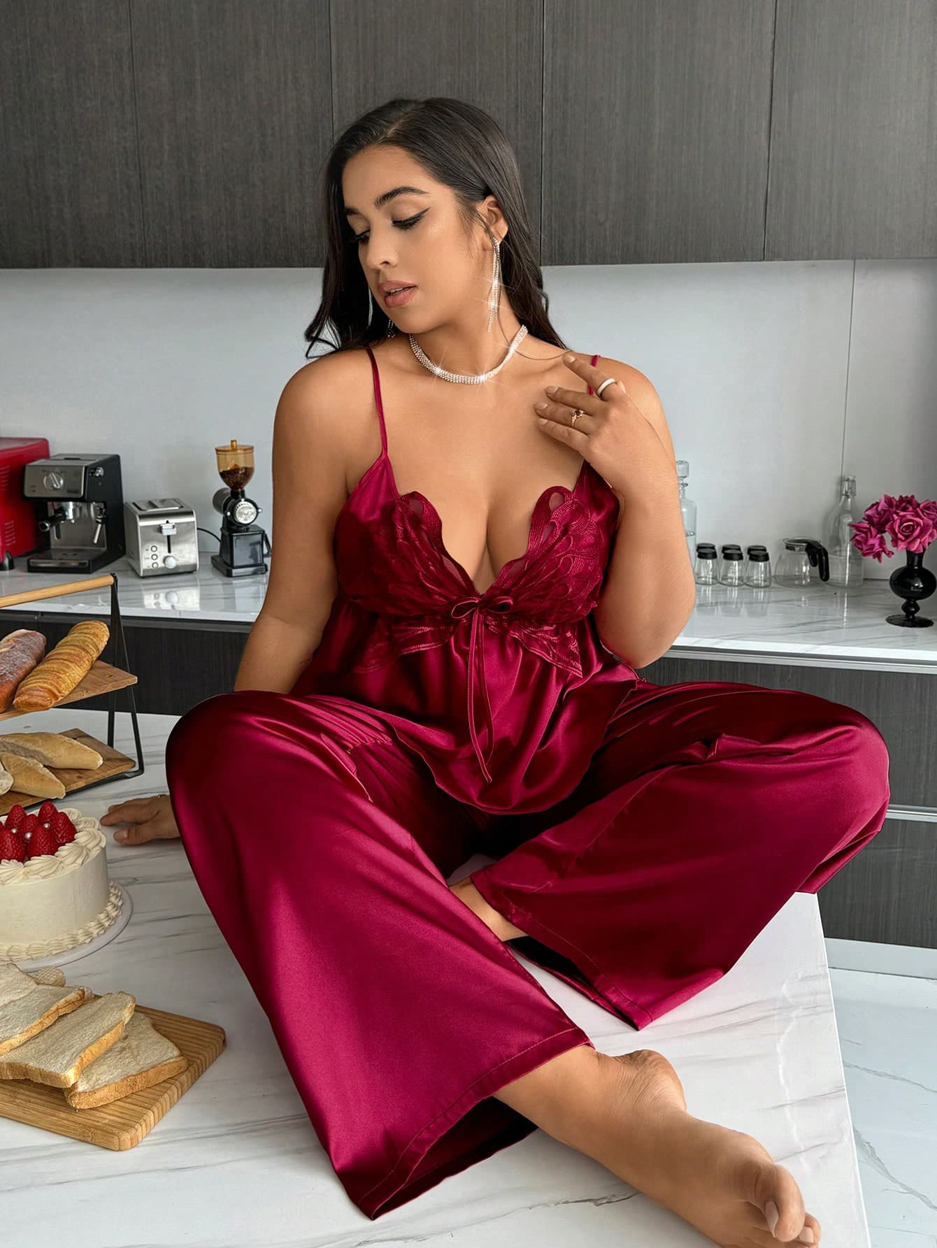 SilkySpell Butterfly Embroidery Silk-Like Sexy Backless Cami Top And Long Pants Plus Size Pajama Set