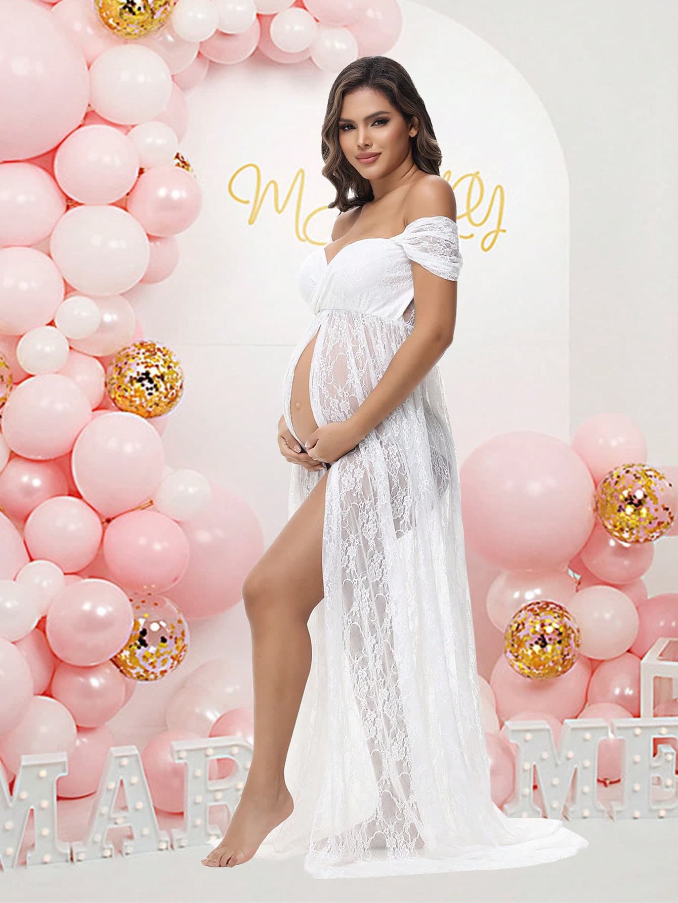 Pregnant Women's Lace Sexy Off-Shoulder High Waist Slit Dress, Suitable For Photography, Baby Shower Party, Maternity Wear Spring White