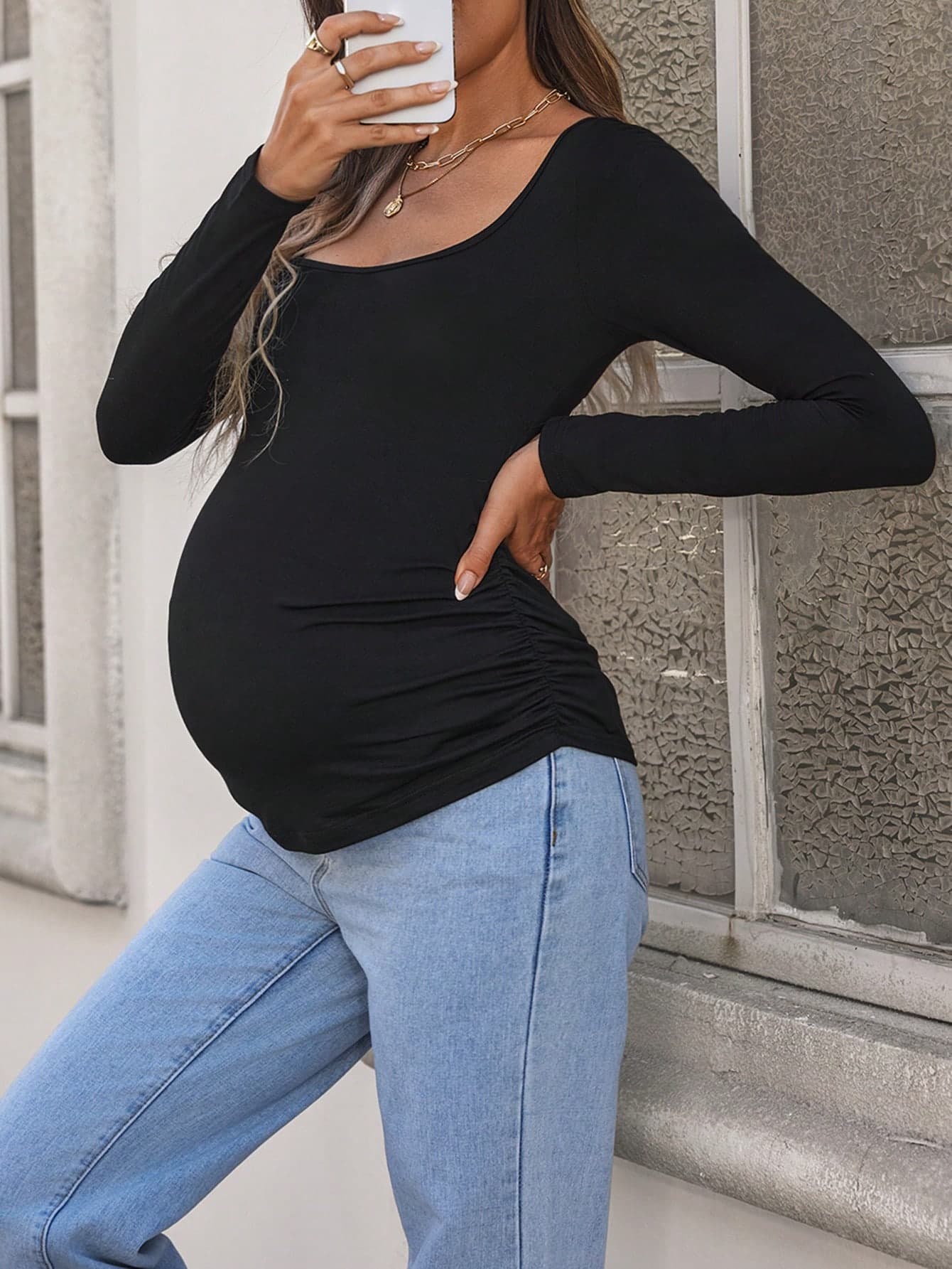 SHEIN Maternity Plain Casual Crew Neck Long Sleeve T-Shirt Fall
