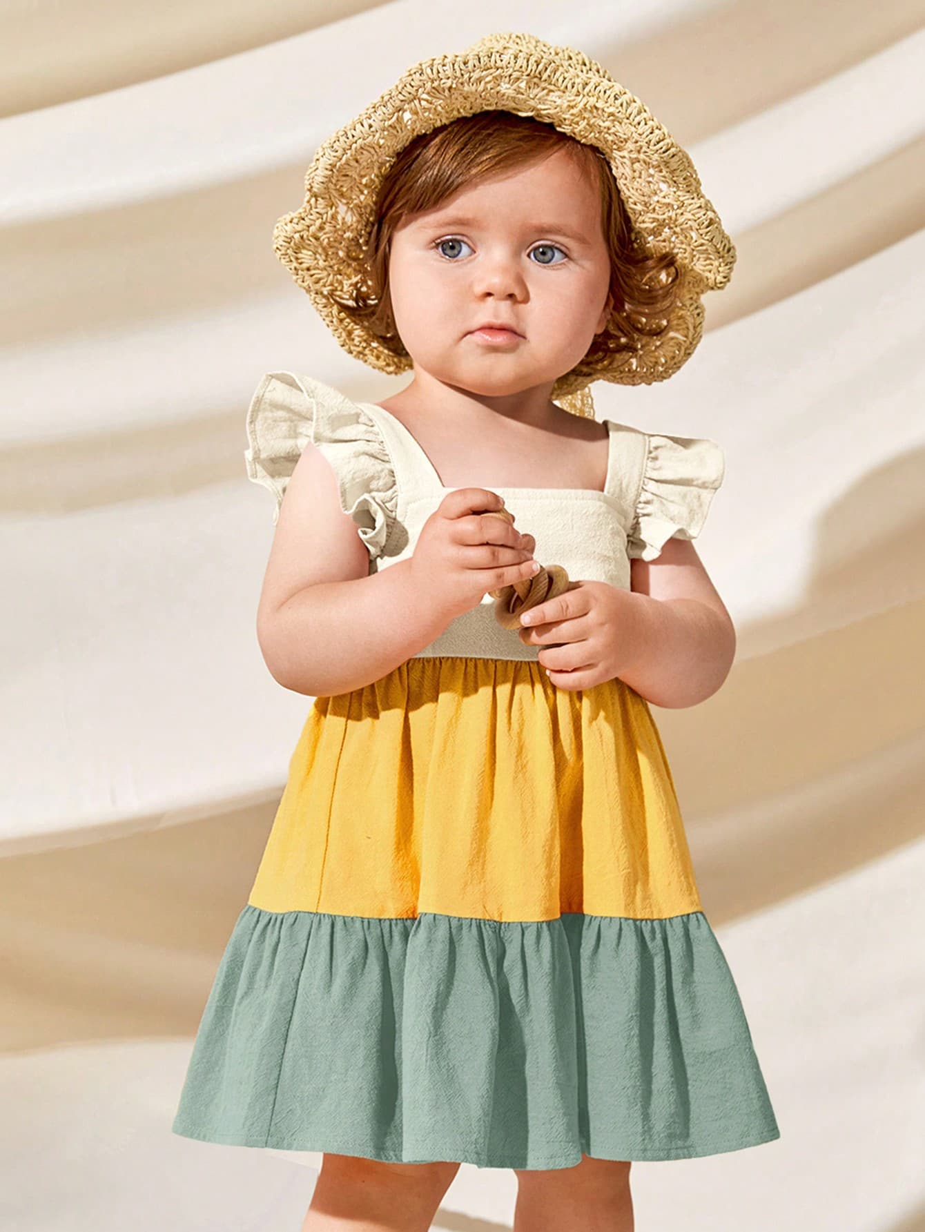 Cozy Pixies Baby Girl Woven A-Line Vacation Colorblock Ruffle Hem Smock Dress