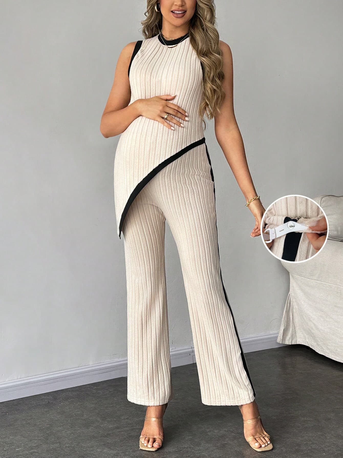 SHEIN 2pcs Maternity Contrast Casual Round Neck Sleeveless Top & Straight Leg Pants Set