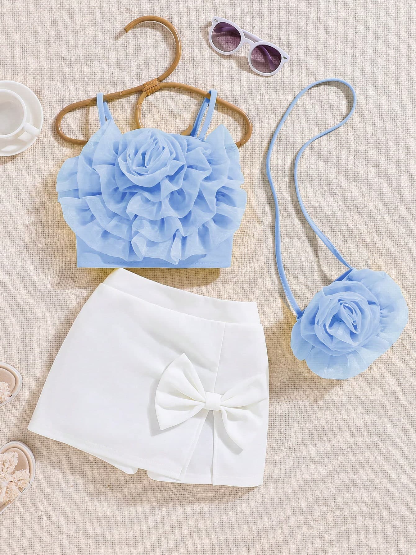 SHEIN Elladie kids 2pcs/Set Young Girls 3D Floral Decor Camisole Top And Solid Bow Trim Skirt Outfit Summer Holiday