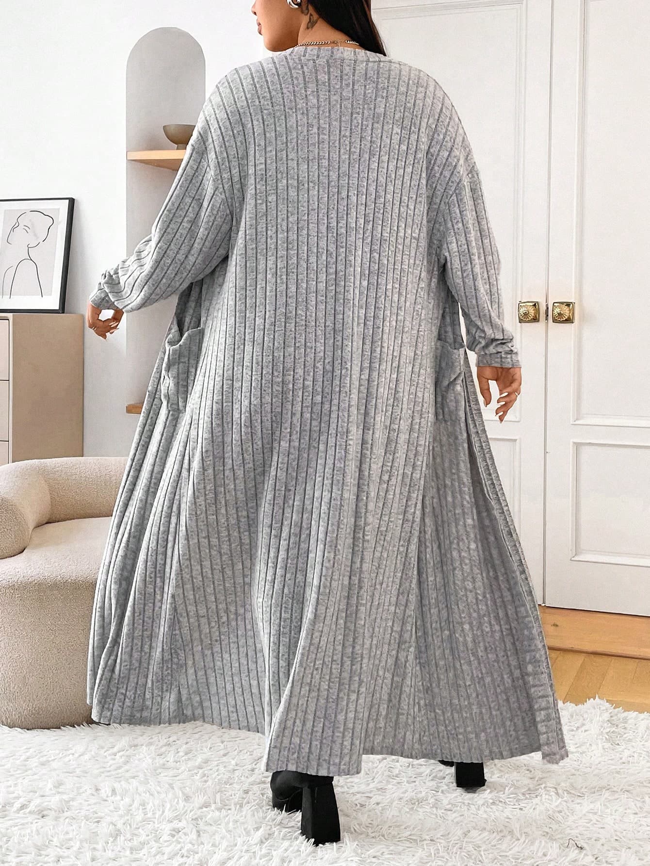 SHEIN EZwear Plus Size Women's Solid Color Minimalist Casual Long Sleeve Duster Coat Winter Fall Autumn