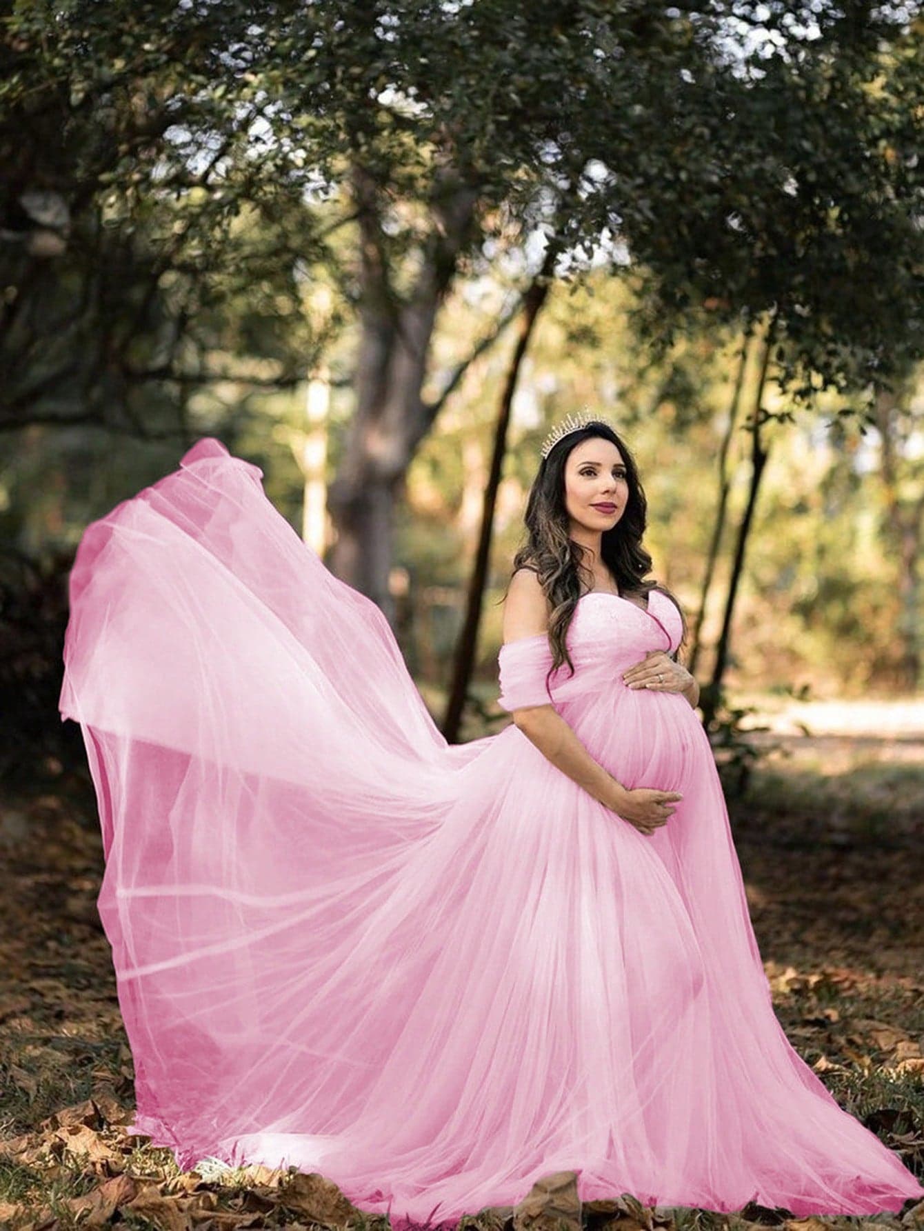 Lace & Mesh Fabric Maternity Tube Dress, Suitable For Baby Photo Shoot And Baby Shower Pink