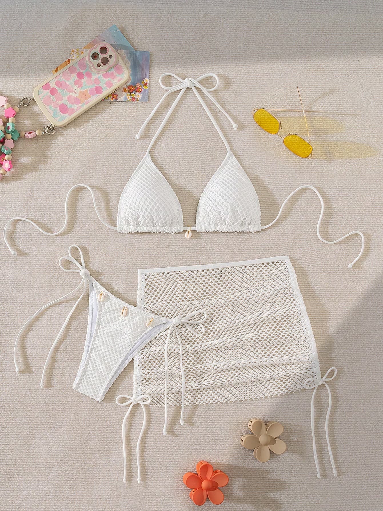 Swim Mod 3pcs/Set Women Solid Color Simple Vacation Matching Halter Bikini Set, Tie-Front Swim Bottoms And Swim Skirt Summer Beach