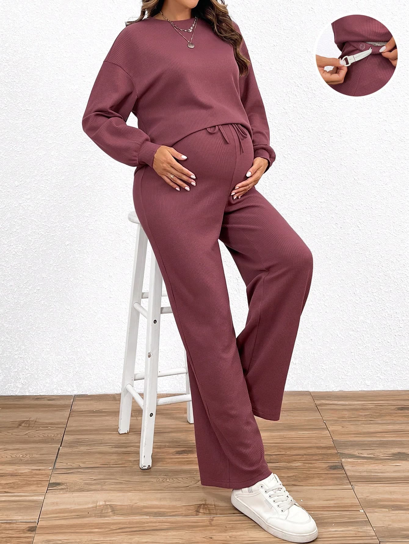 SHEIN Maternity 2pcs Round Neck Loose Fit Long Sleeve Top And Drawstring Fashionable Straight Comfortable Pants Fall