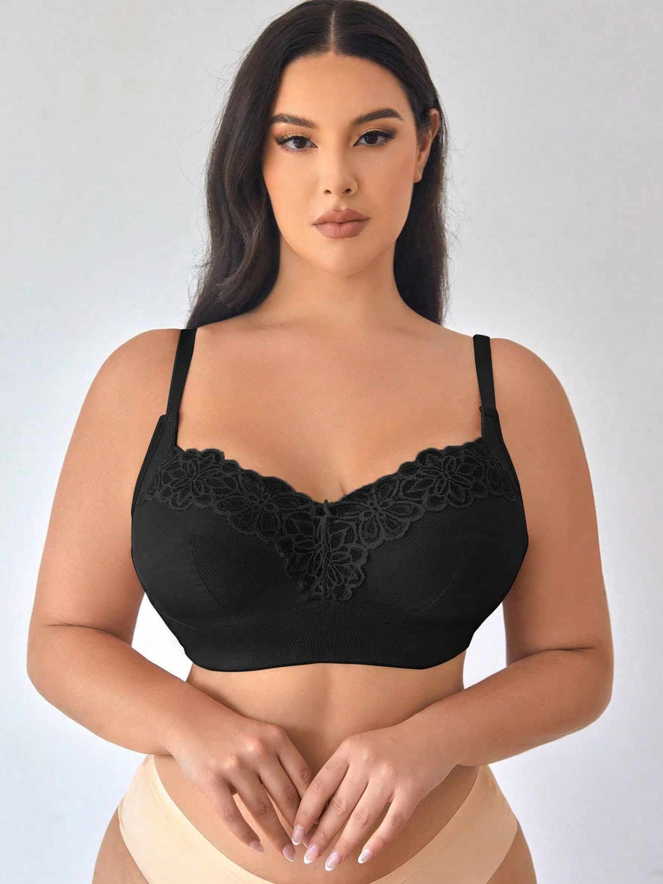 1pc Plus Size Lace Patchwork Wireless Bra