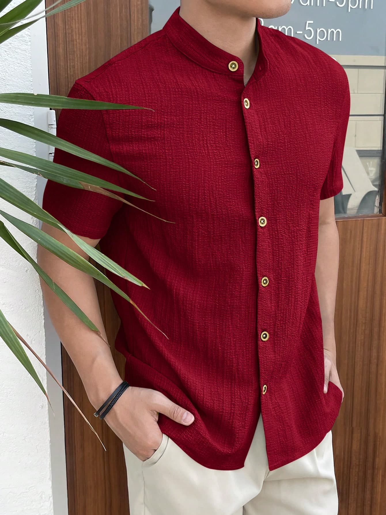 AKNOTIC Men's Casual Faux Linen Embroidered Short Sleeve Shirt,Mandarin Collar Button Down Grandad Top,Slim Fit Lightweight Breathable Retro Summer Blouse