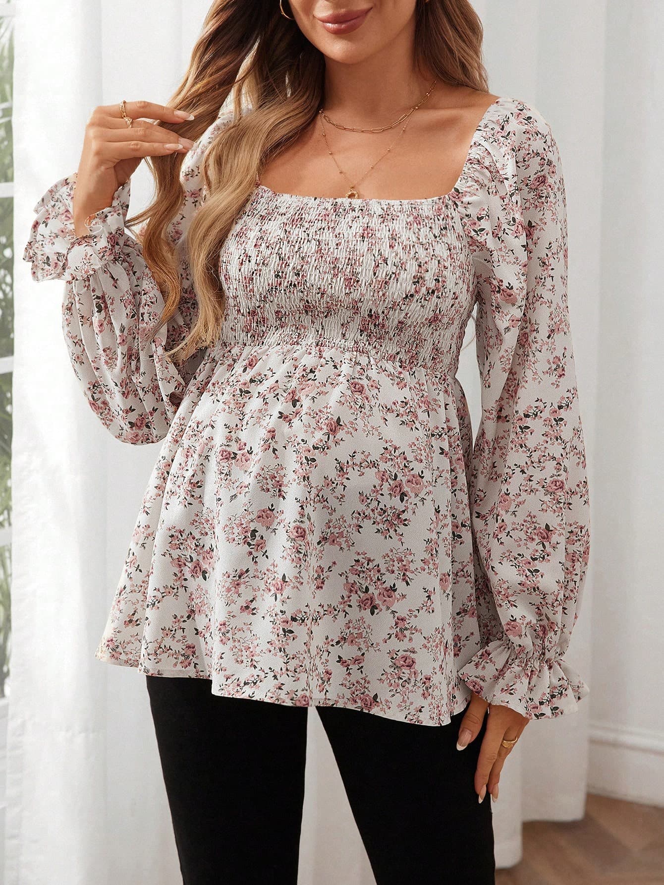 SHEIN Maternity Women Spring Ditsy Floral Lantern Sleeve Blouse Fall