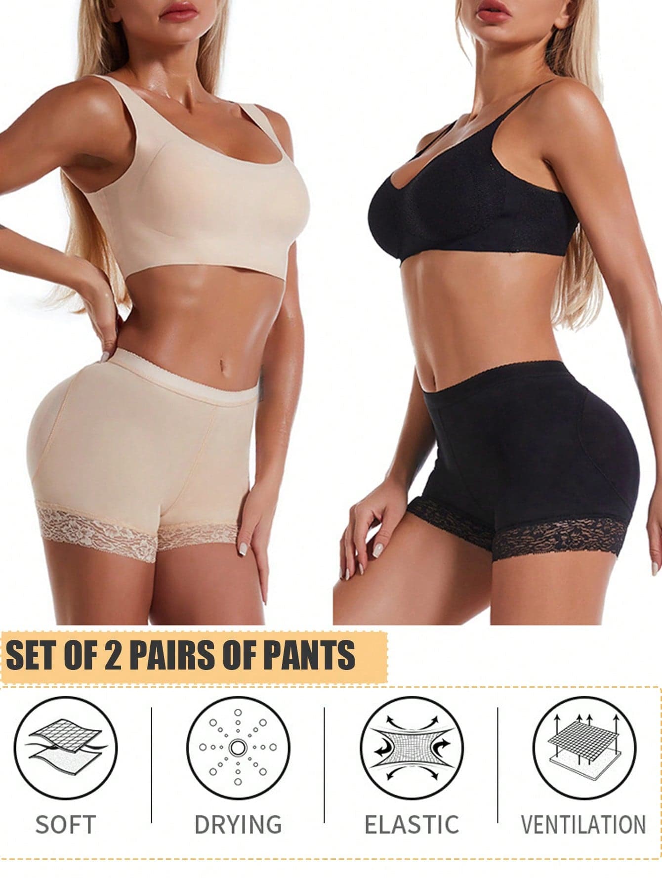 2pcs/Pack Ladies Solid Color Lace Trim Shapewear Shorts