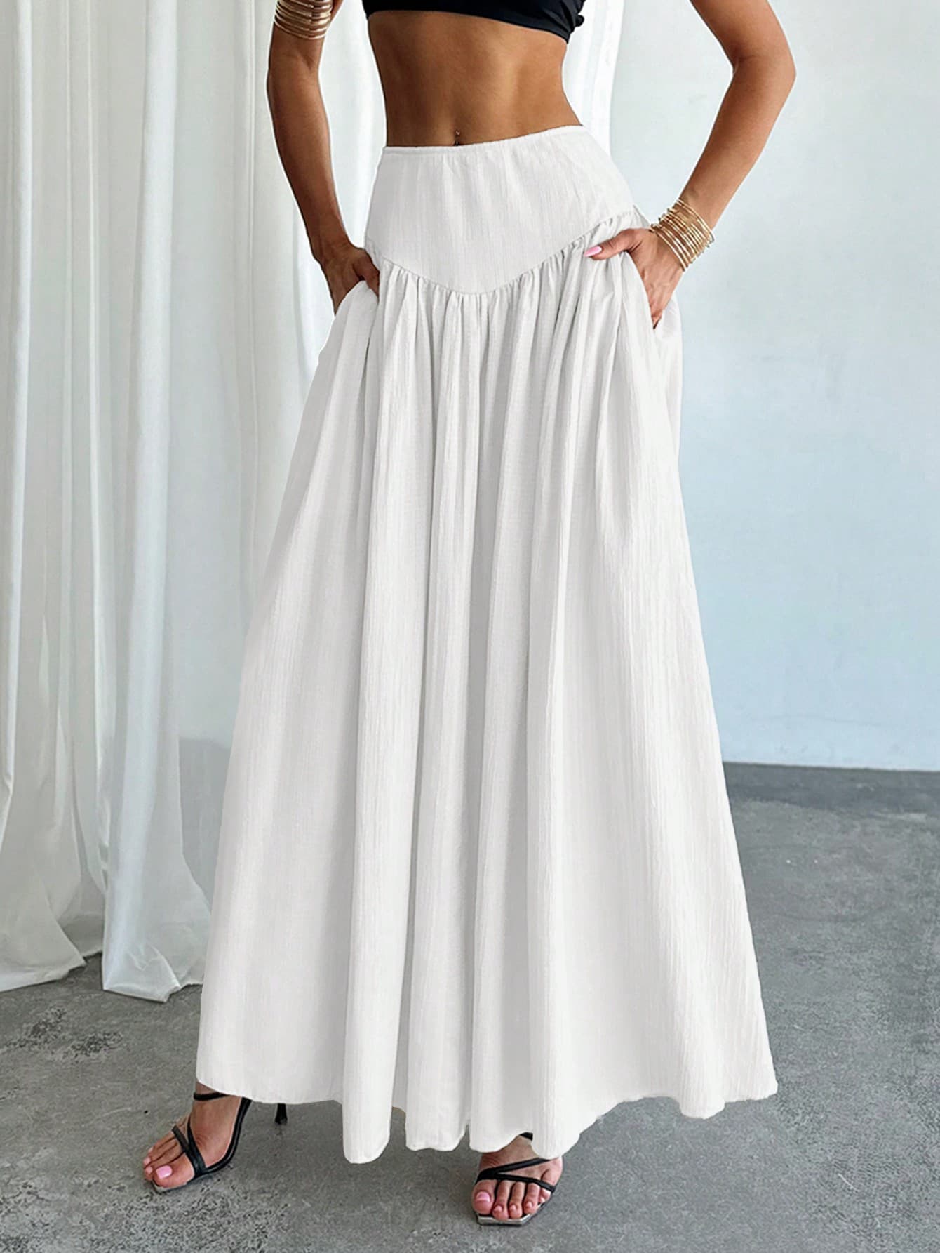 Firerie Women's Ruched High Waist A-Line Elegant Pocketed Skirt