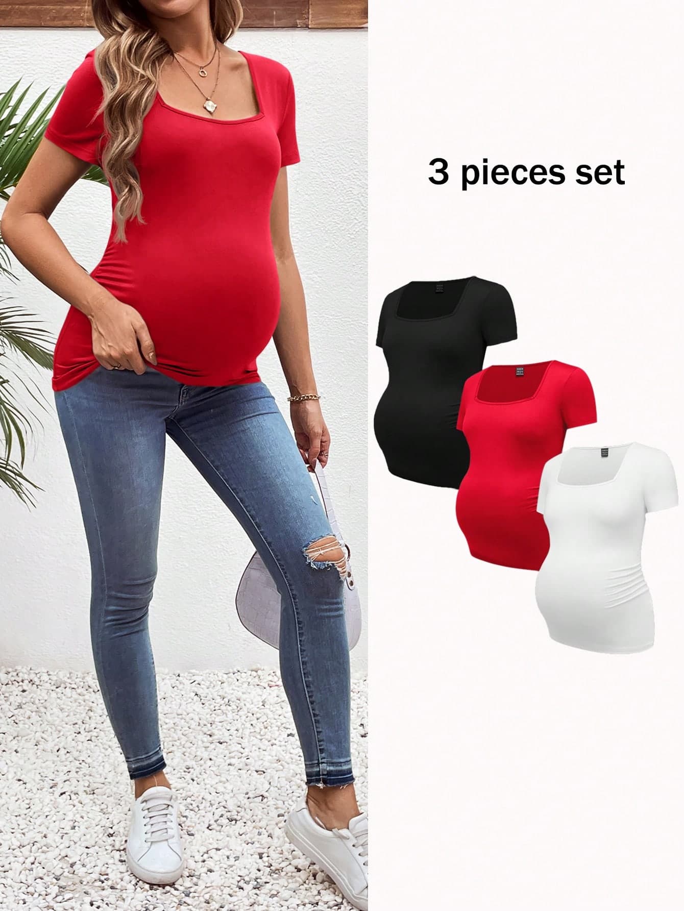 SHEIN 3pcs/Set Maternity Simple Black White Grey Square Neck Short Sleeve Fitted Summer Tops World Cup