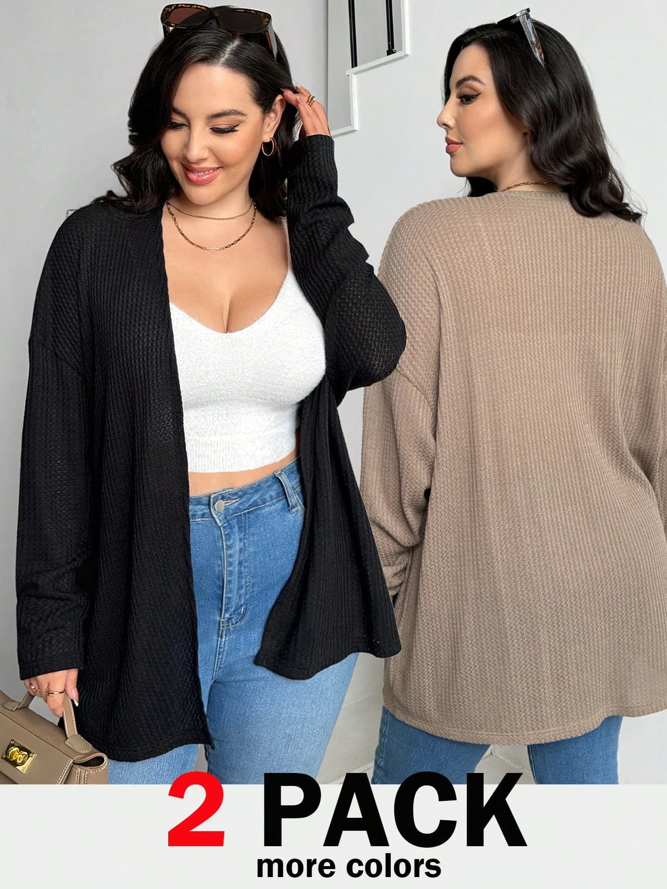 SHEIN Essnce Plus Size Women's Fall/Winter Casual Formal Airport Evening 2 Packs Waffle Cardigan Sweater,Long Sleeves Loose Comfortable Black Khaki Coats Tops