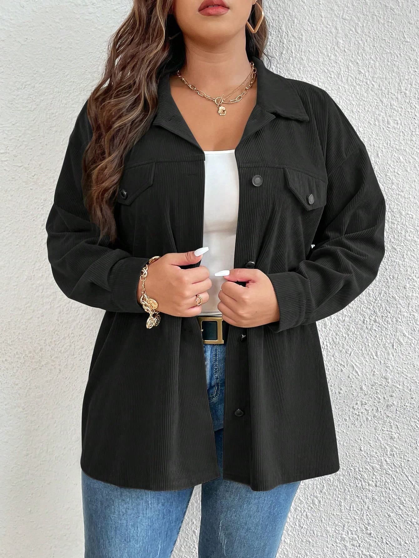 SHEIN LUNE Plus Size Women's Solid Color Drop Shoulder Casual Long Sleeve Loose Jacket, Spring & Autumn Fall Winter Cloth For Women