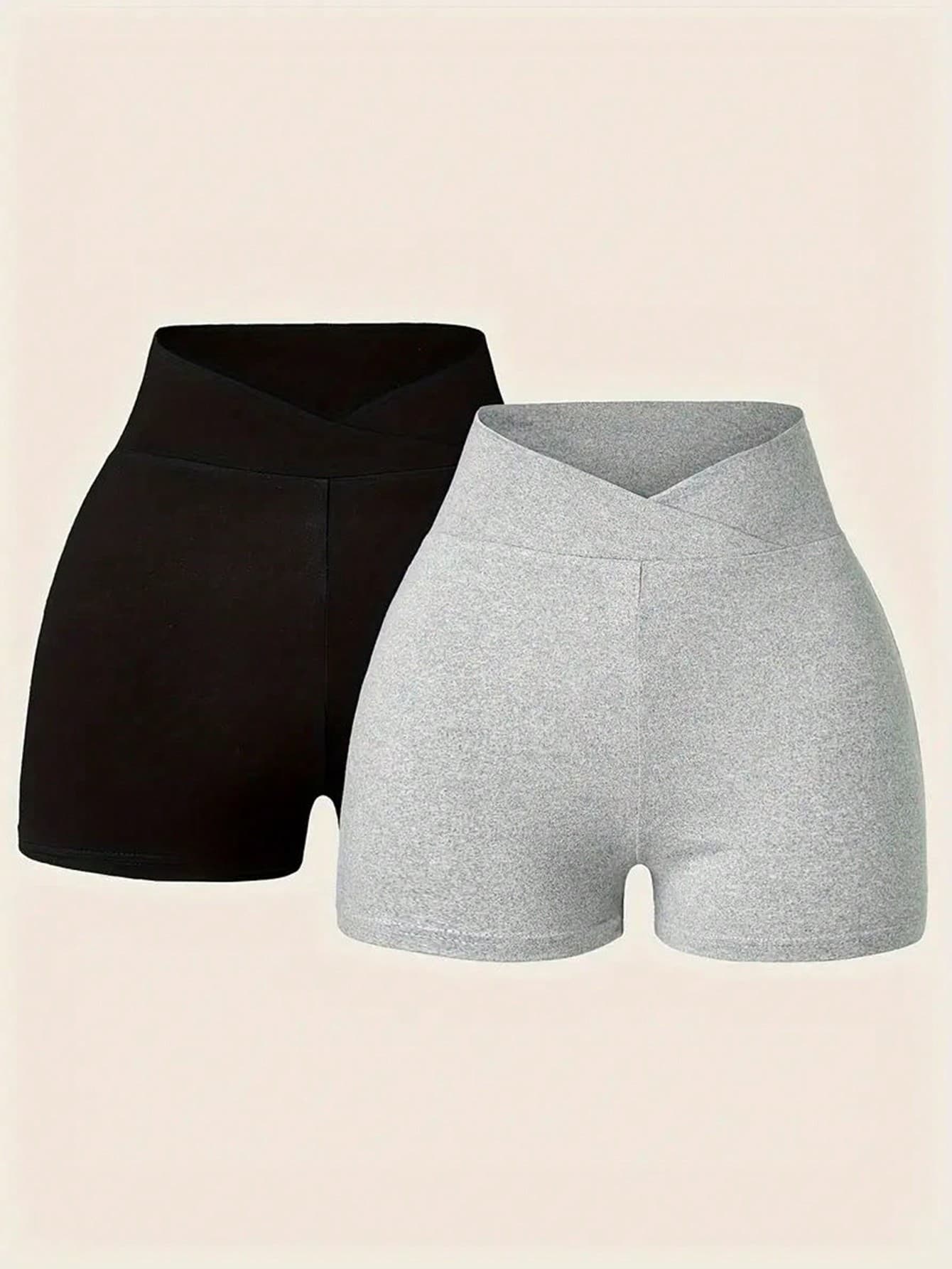 INAWLY Women's Casual Solid Color Overlap Waist Fitted Shorts, Summer