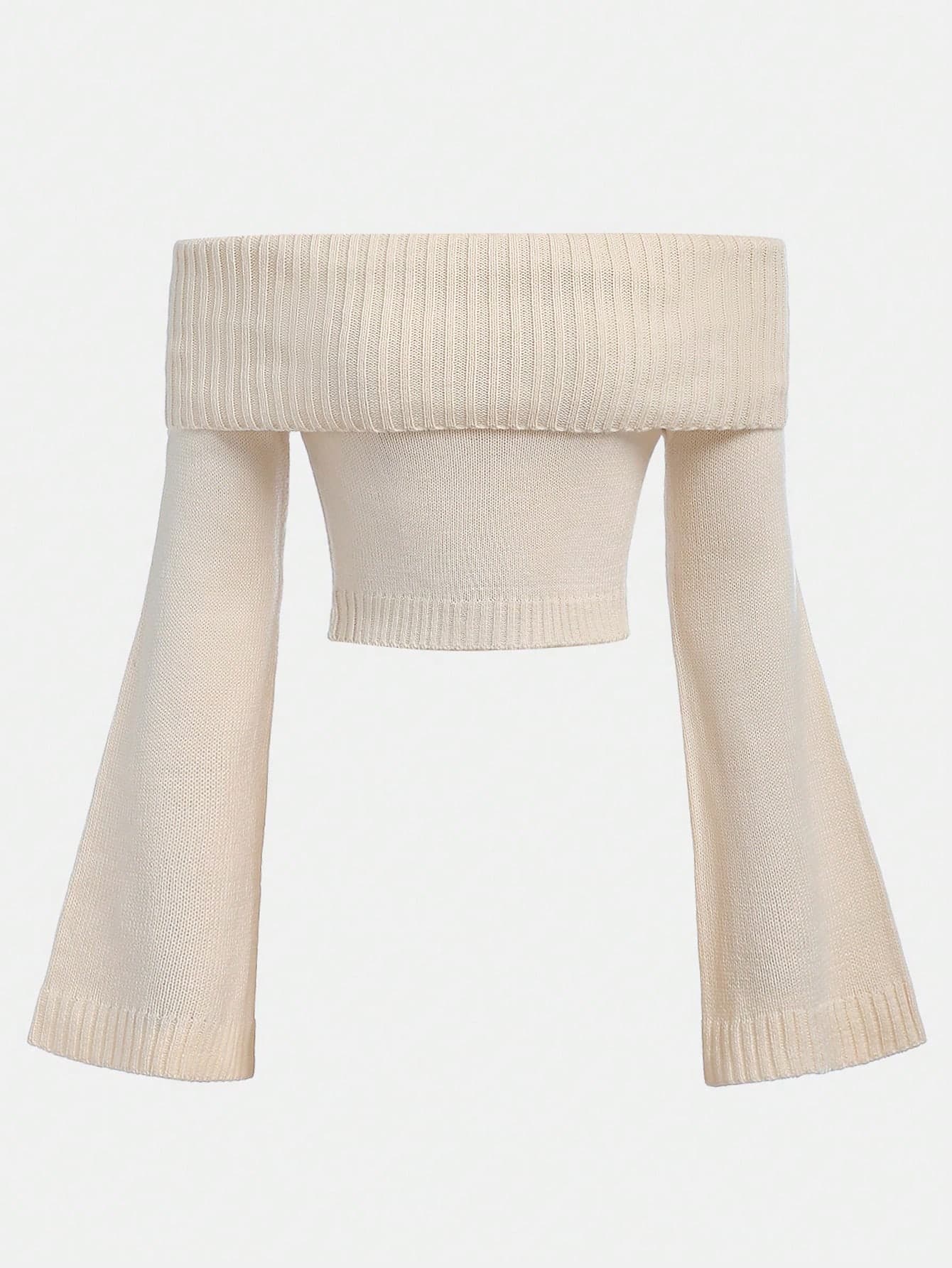 SHEIN Girlism Teen Girl Off-Shoulder Flared Sleeve Cropped Knit Sweater In Almond White, Fall/Winter