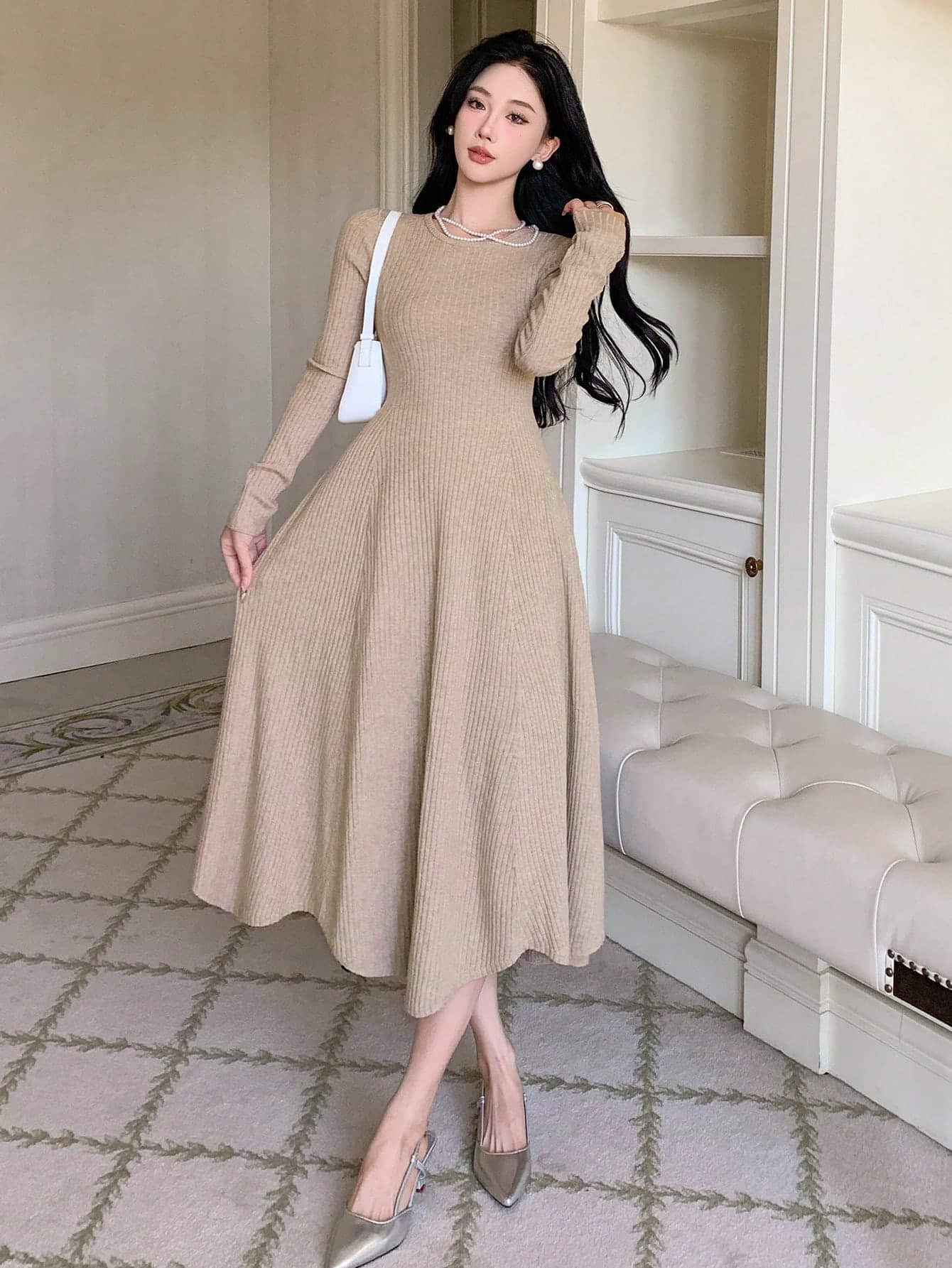 DAZY Women's Casual Solid Color Waist Cinched Sweater Dress, Spring/Autumn ,New Year Eve,Fall Women Clothes Prom Dress