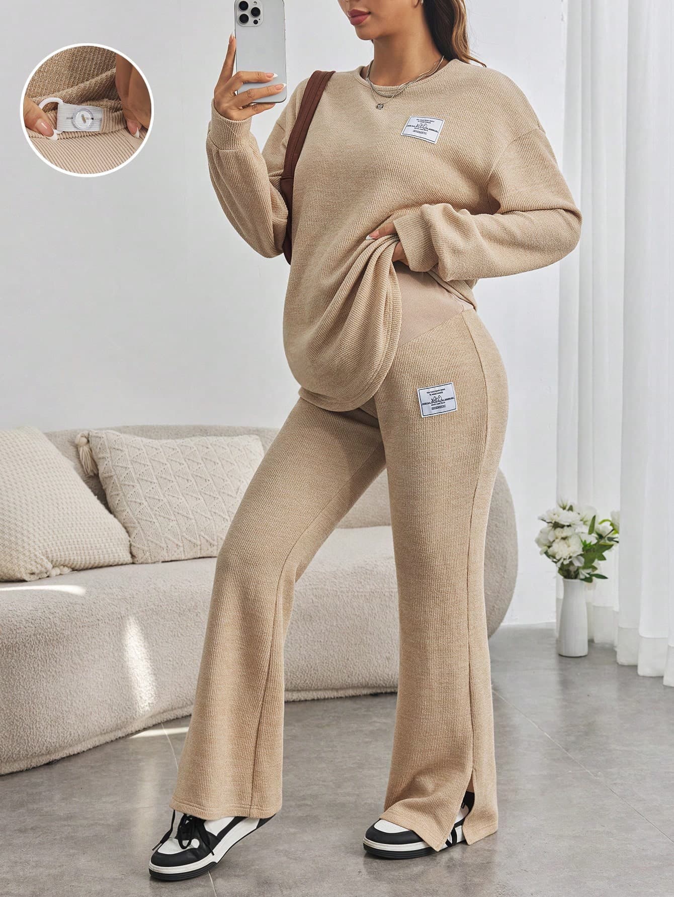 SHEIN Maternity & Teen Girls Loose Letter Patched Drop Shoulder Long Sleeve Top & Flare Leg, Pants 2Pcs Set Fall