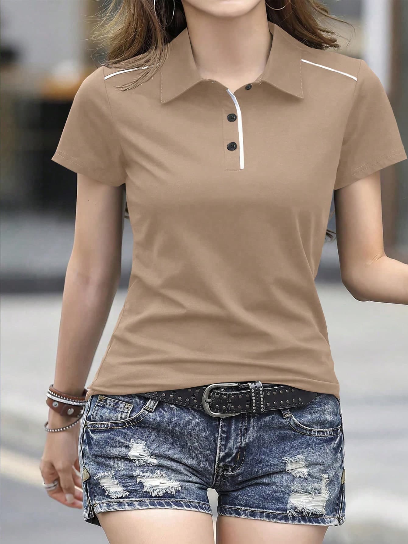 INAWLY Women Contrast Color Print Short Sleeve Minimalist T-Shirt