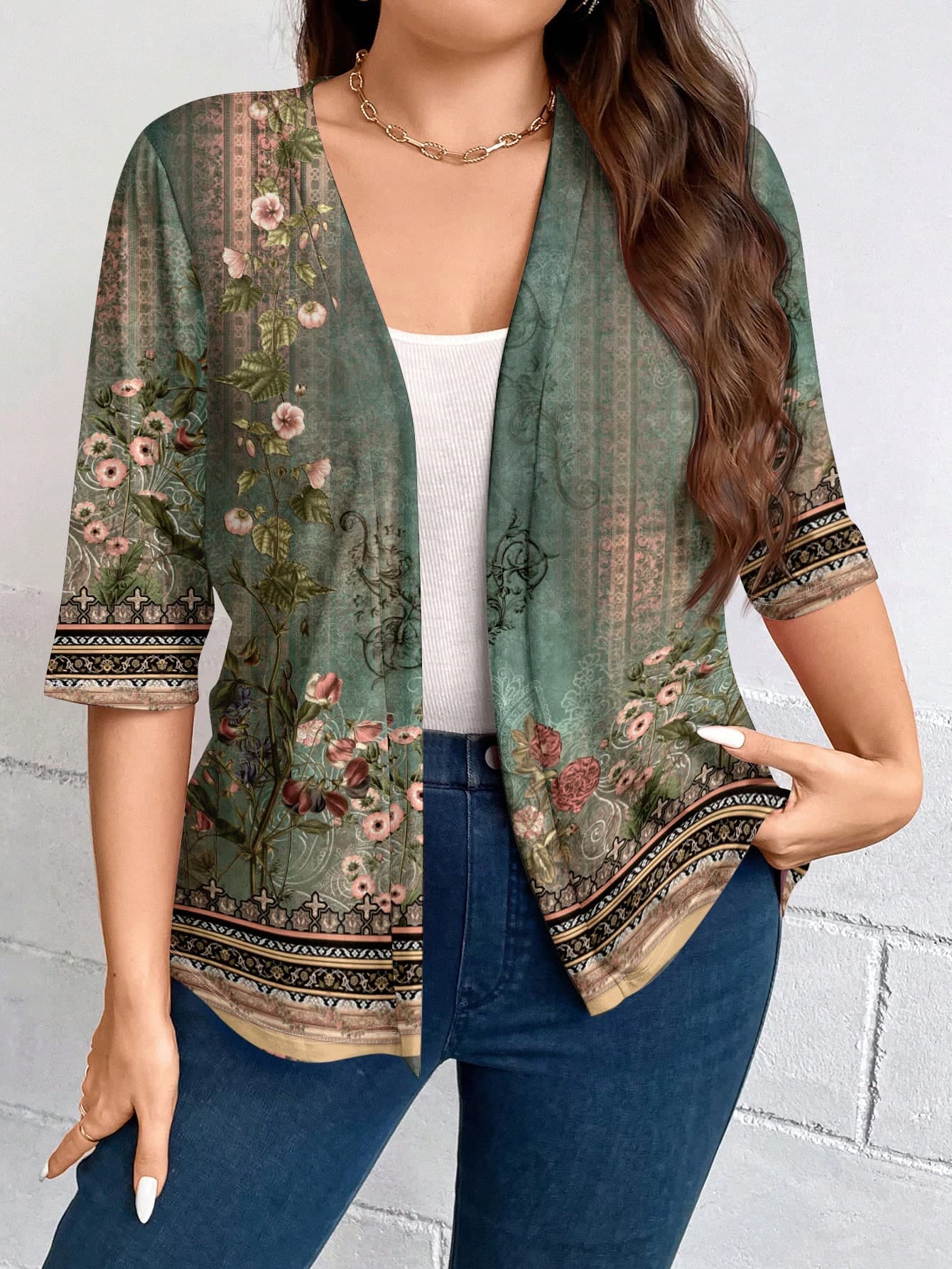 EMERY ROSE Plus Size Loose Floral Print Half Sleeve Cardigan Jacket, Suitable For Spring And Autumn And Winter Fall