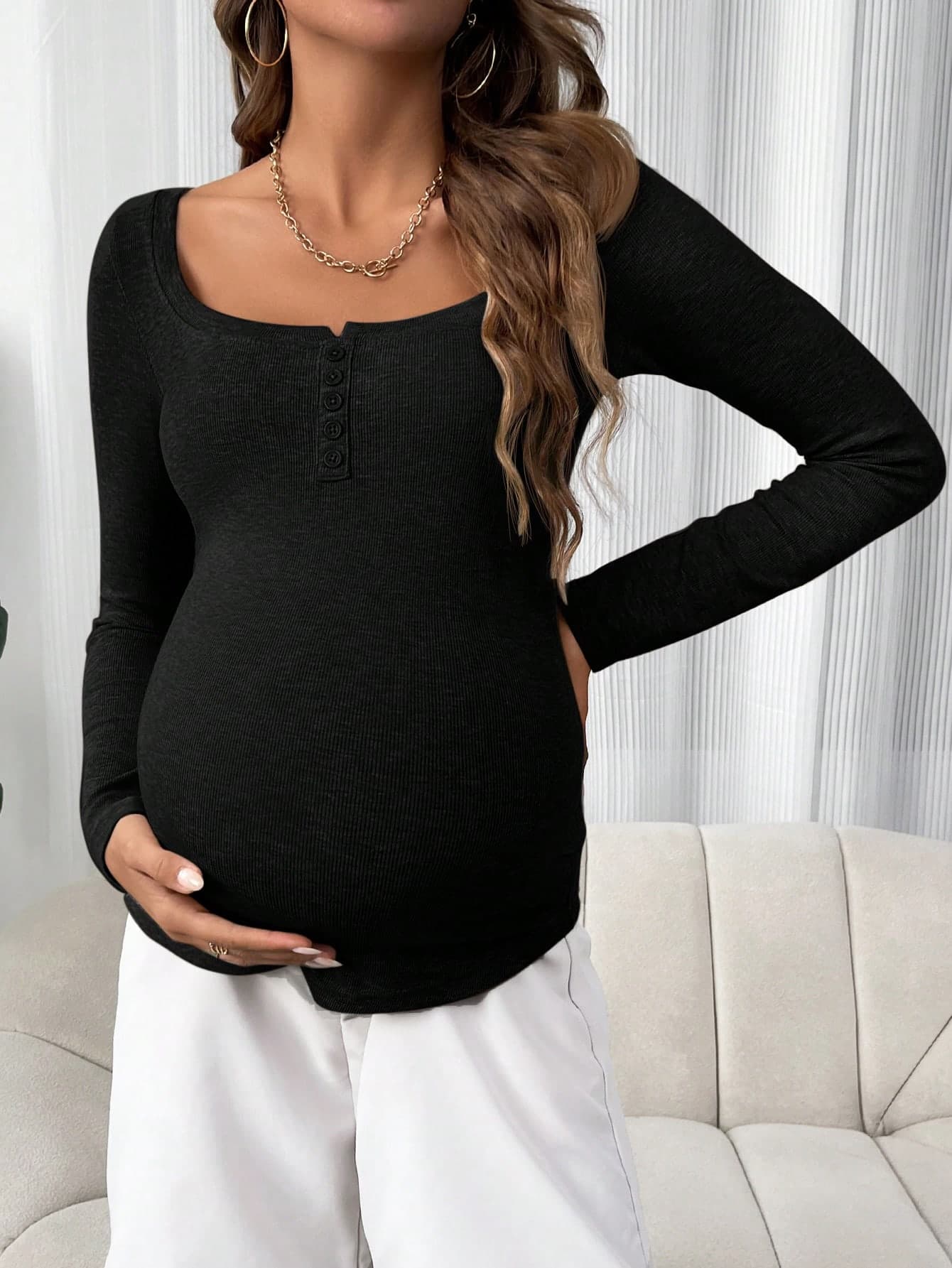 SHEIN Maternity Casual Solid Color Long Sleeve Slim Fit T-Shirt, Spring/Autumn Fall