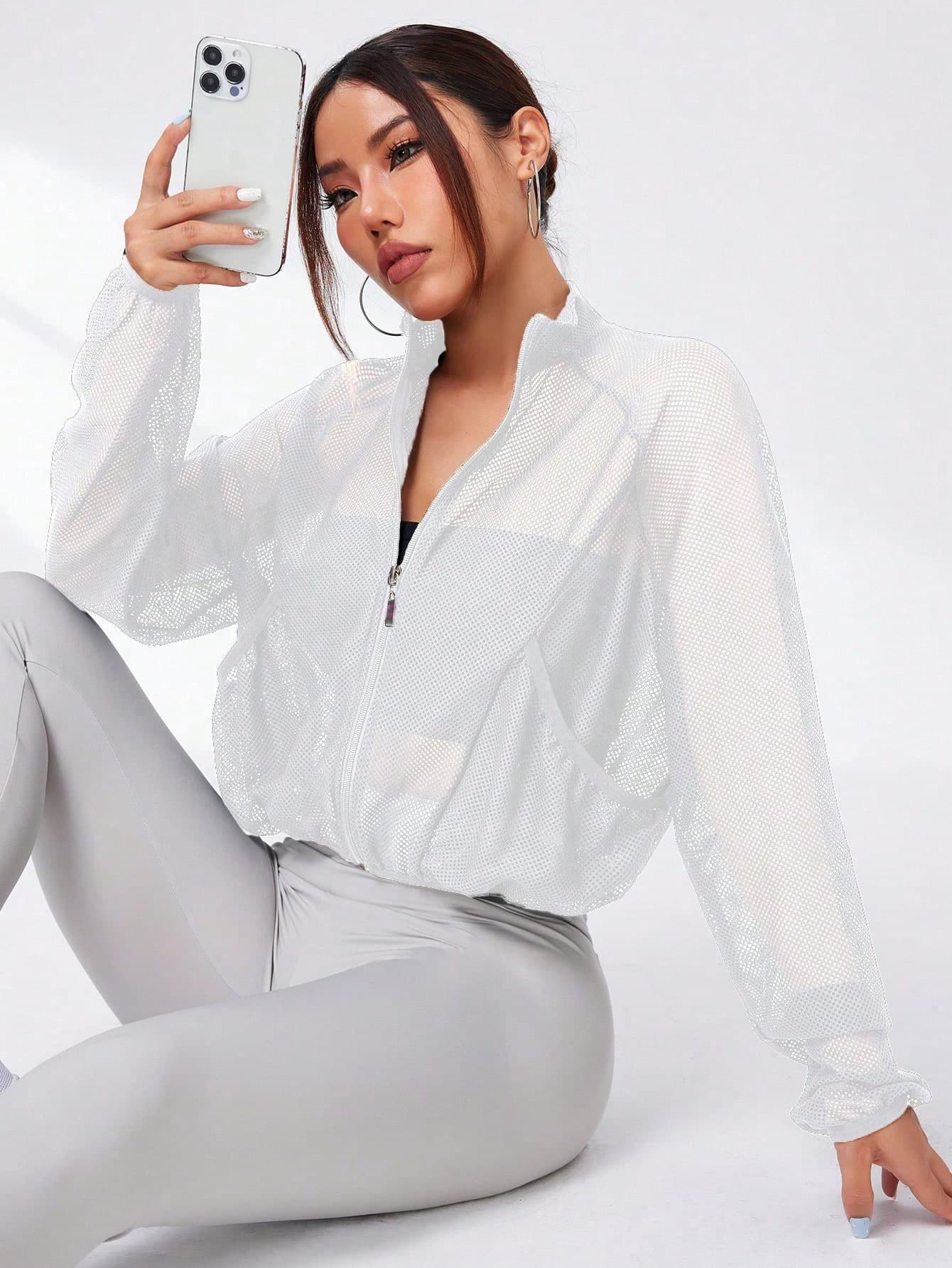 Dewbera Dewbera Women's Turtleneck Sports Jacket - Sexy See-Through With Pockets, Casual For Running, Fitness, Outdoor Activities, Long Sleeve