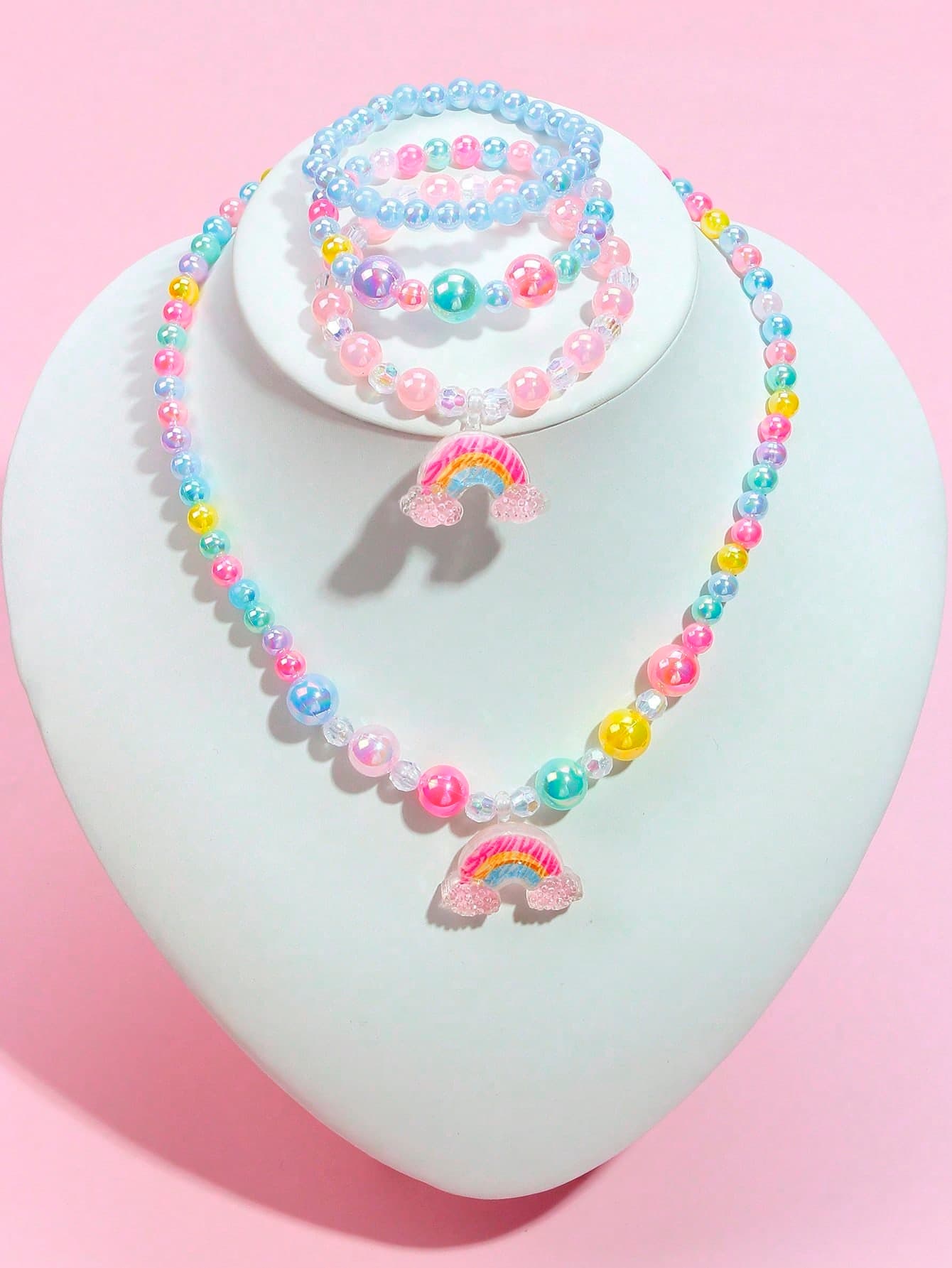 4-Piece Set Of Cute Rainbow Pendant Beads For Girls, Children's Jewelry Necklace And Bracelet Set, Colors And Beads Are Random.