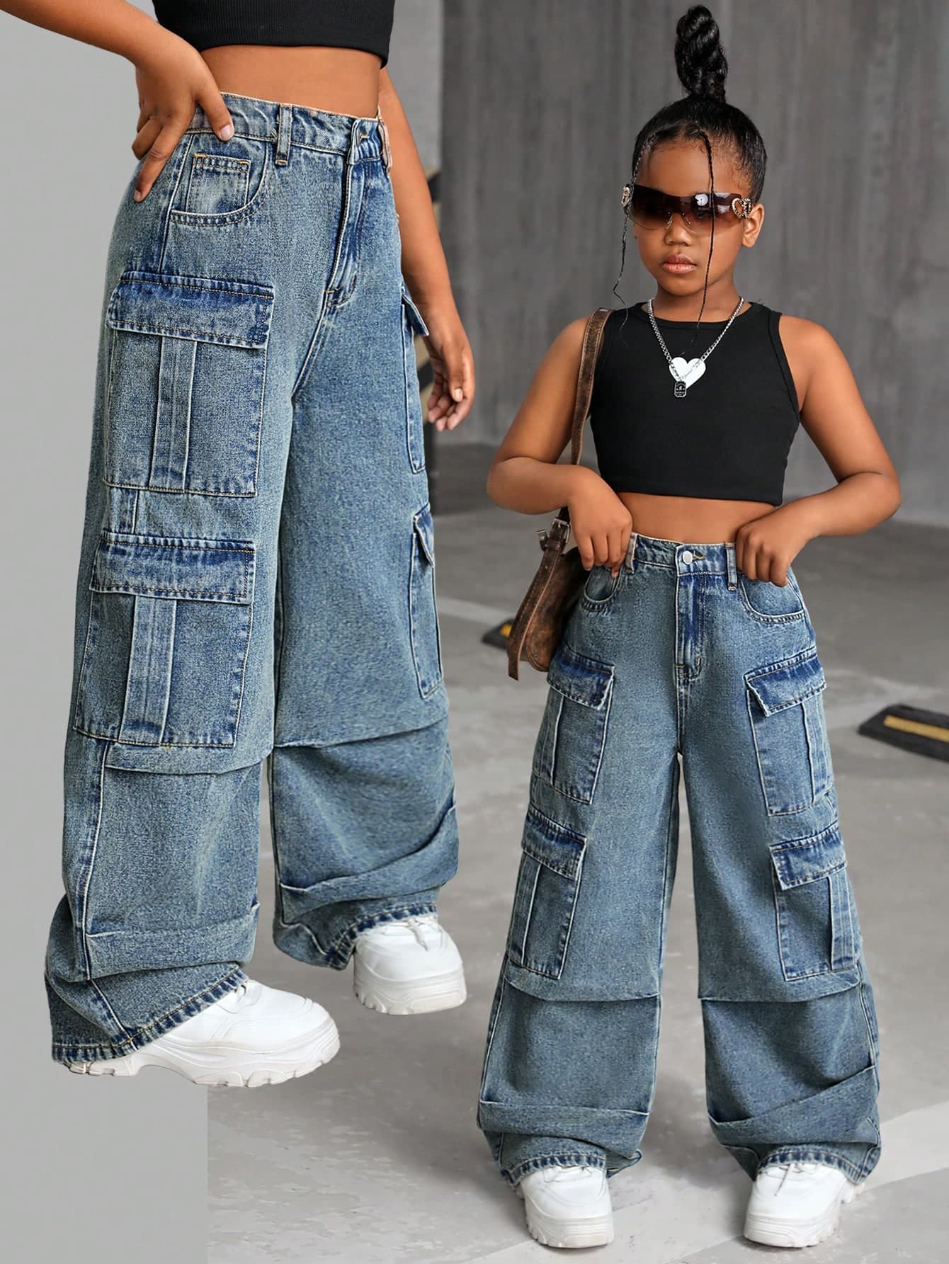 SHEIN Tween Girl Y2K Fashion Vintage Washed Multi-Pocket Distressed Cargo Jeans Baggy Wide Leg Pants, Fall Back To School Streetwear