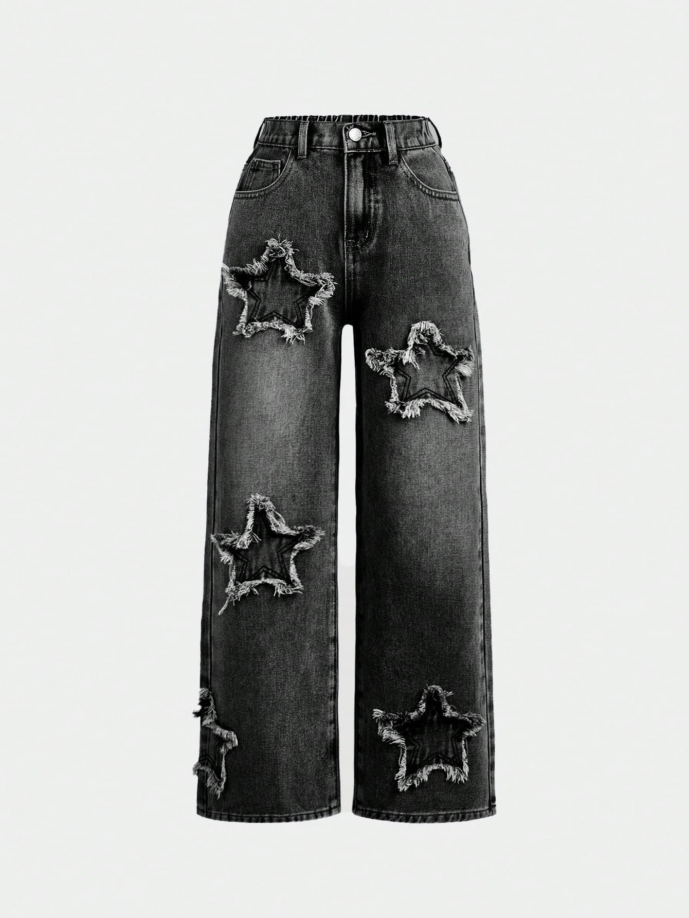 SHEIN Girlism Tween Girl Y2K Spring And Summer Boho Star Patched Faded Frayed Baggy Straight Leg Denim Jeans
