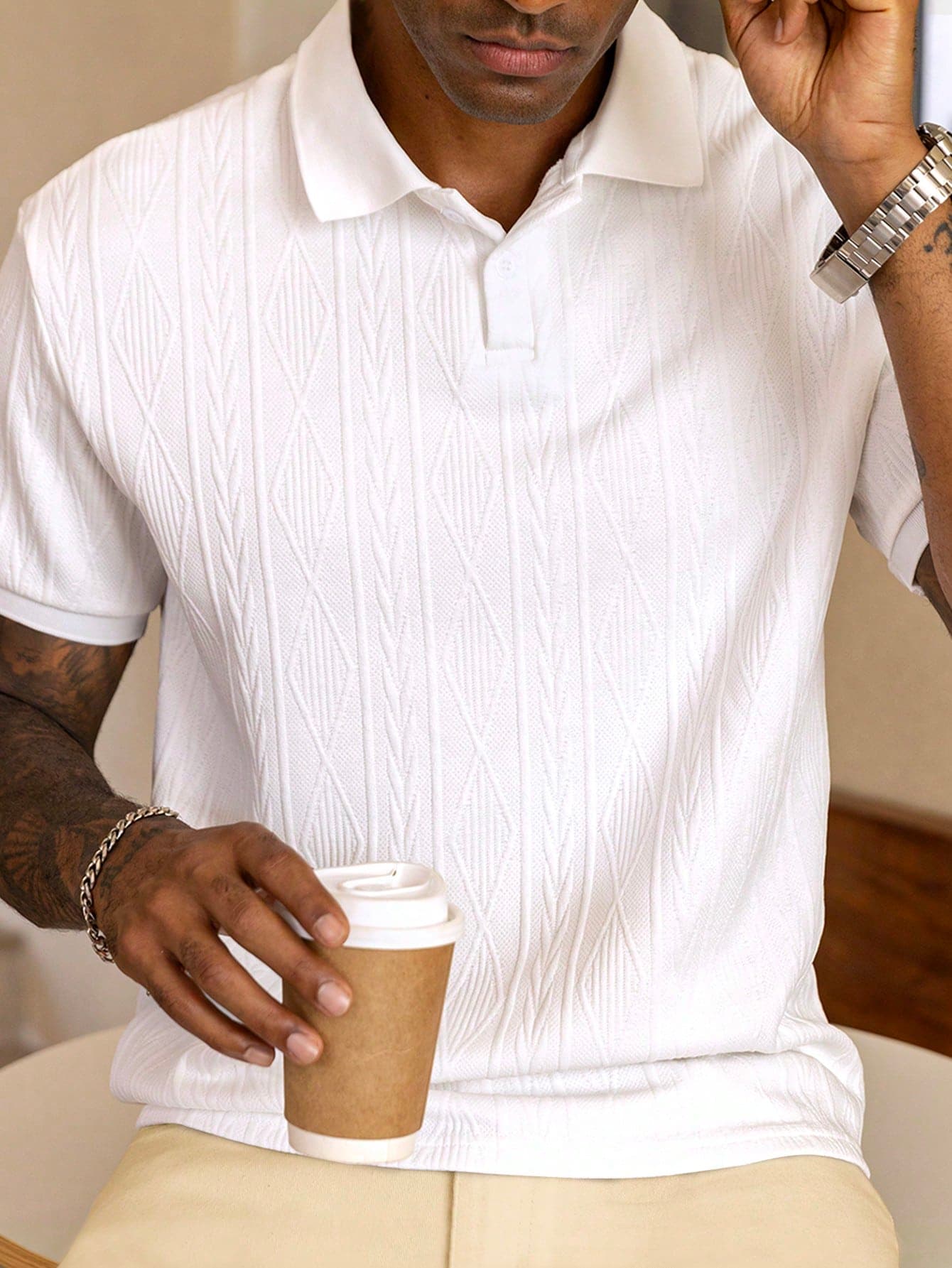 HUEFORM Men Basic Textured Design Solid Color Short Sleeve Collar Polo Shirt, For Husband, For Going Out, Old Money Style, Formal